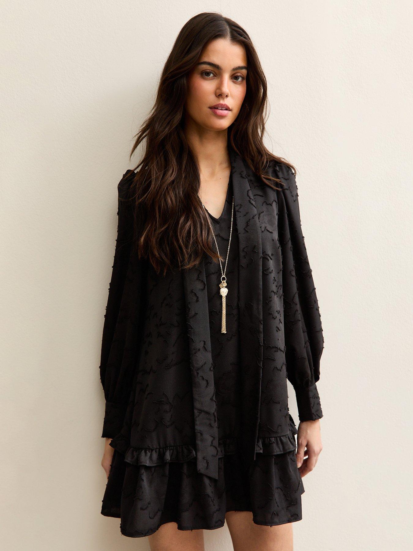 New Look Black Floral Burnout Pussybow Mini Dress