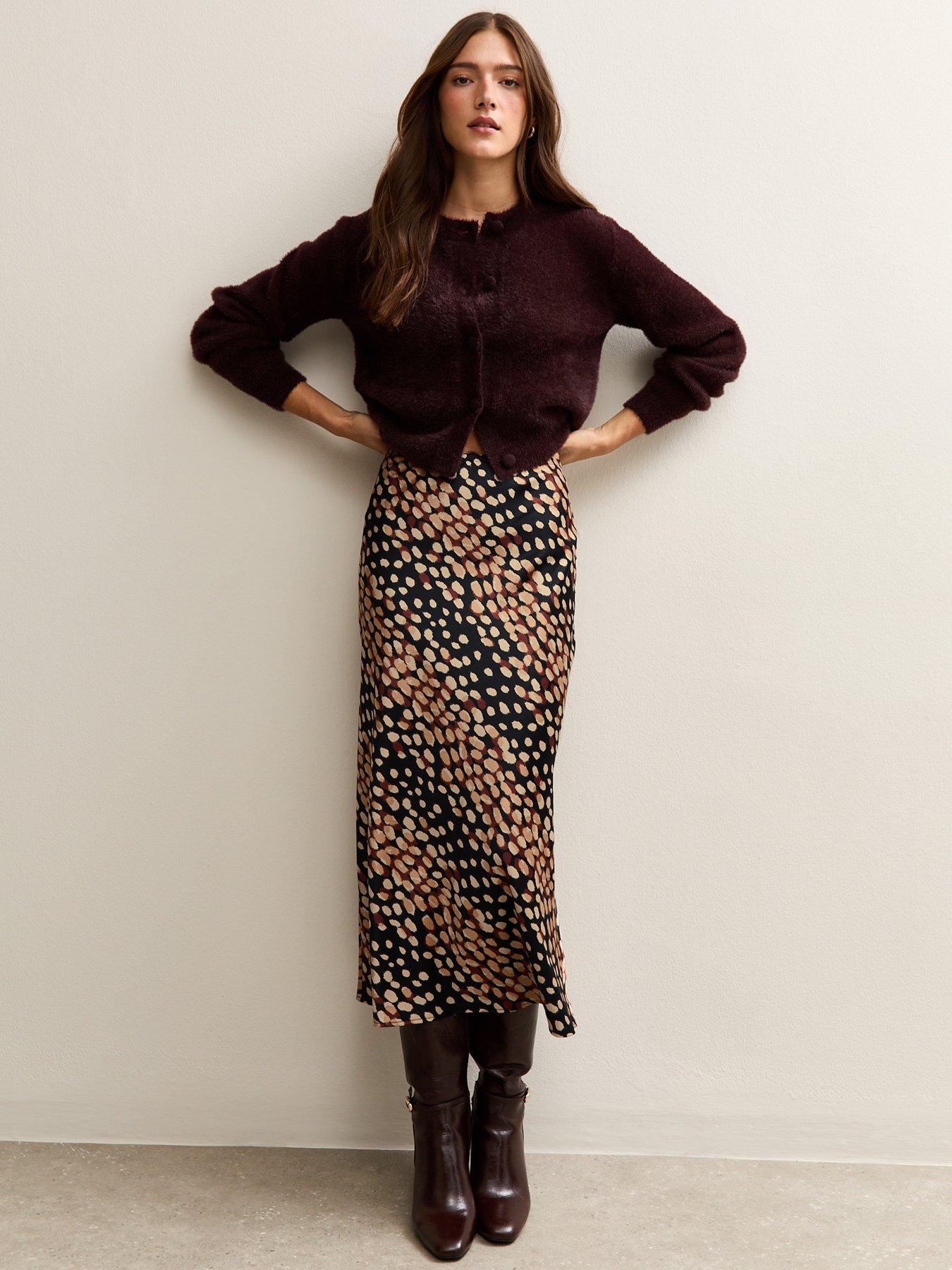 New Look Spot Print Satin Bias Cut Midi Skirt - Black
