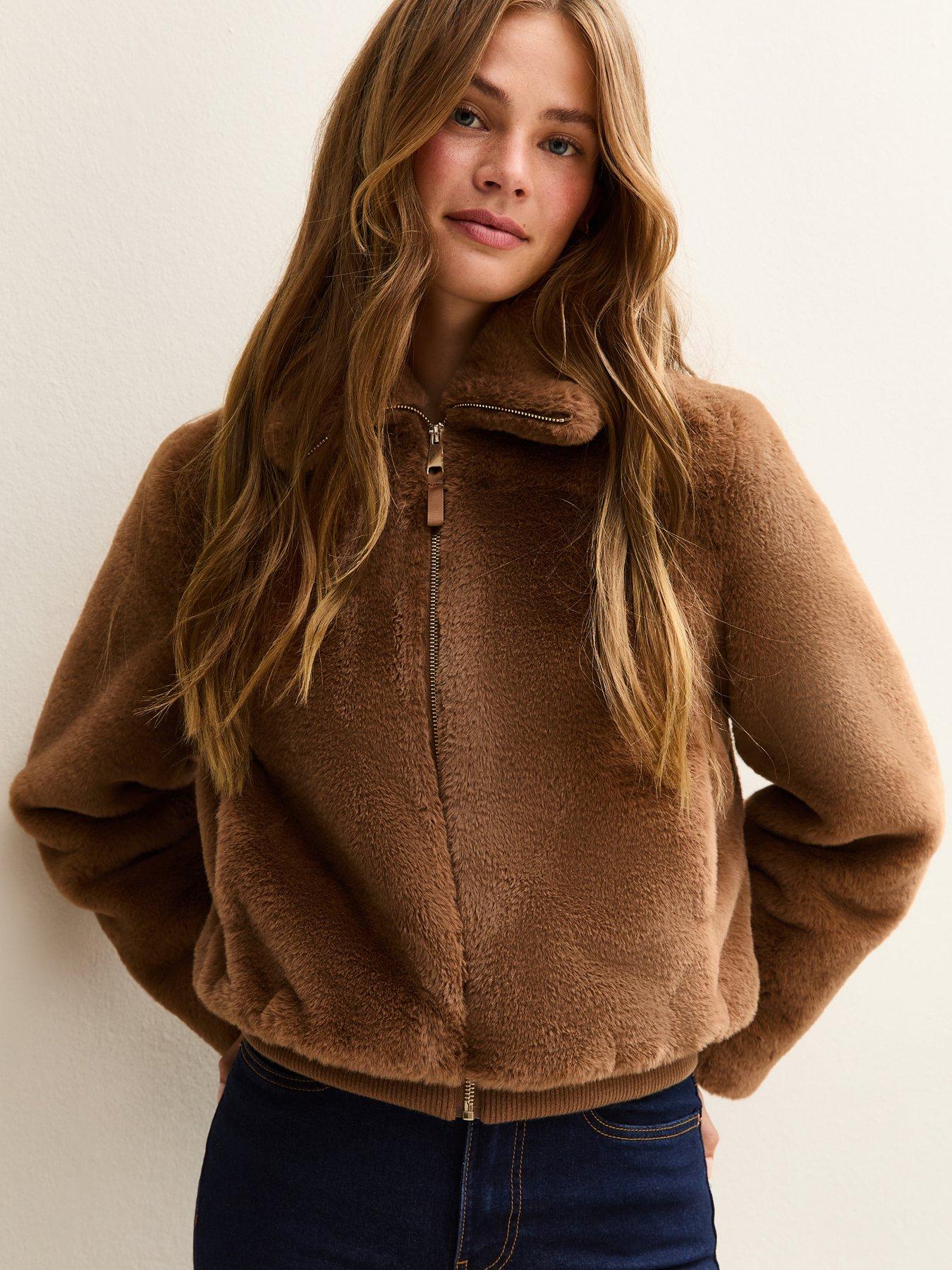 New Look Faux Fur Bomber Jacket - Brown