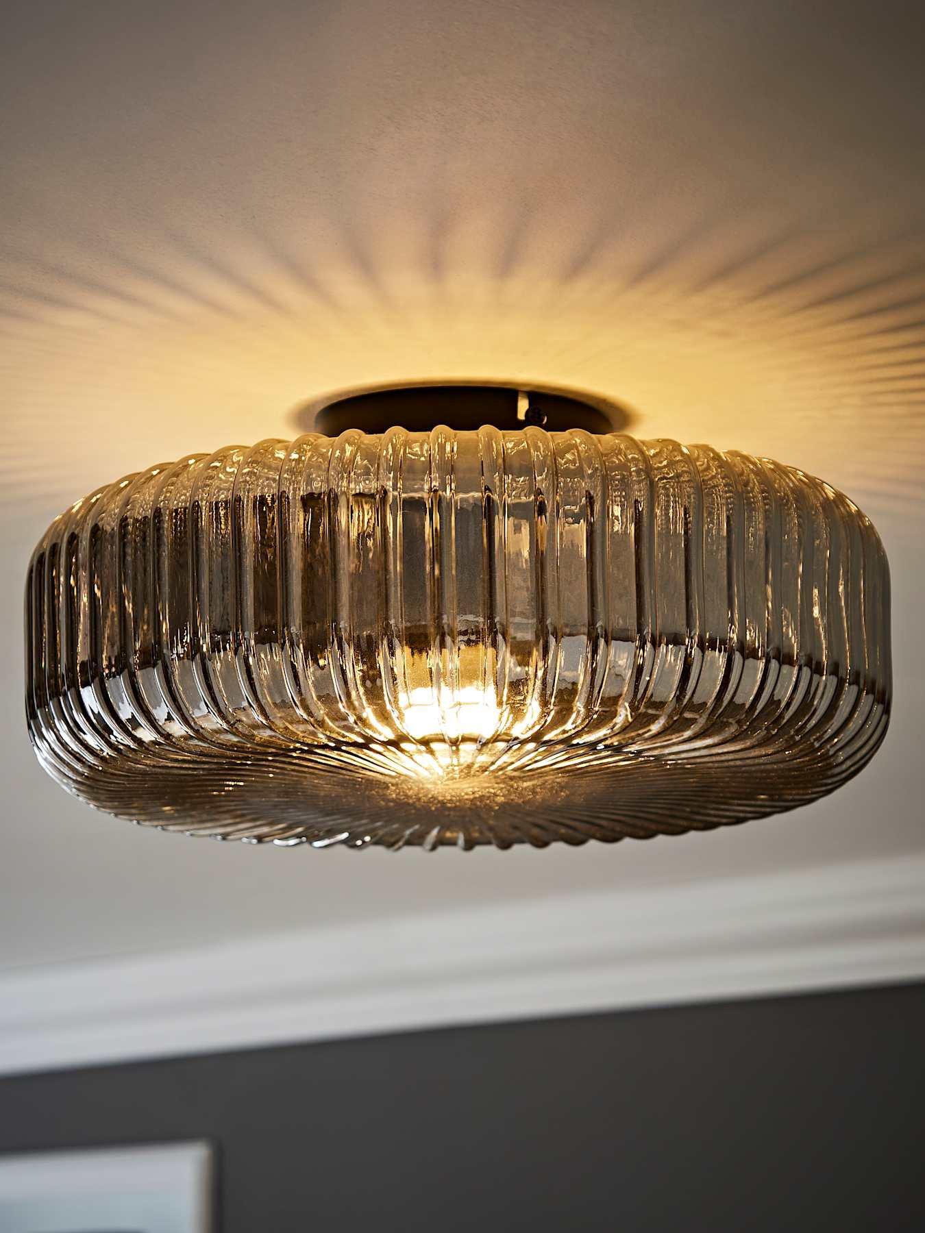 ValueLights Calpe Large Matte Black Flush Ceiling Light With Smoked Ribbed Glass Shade