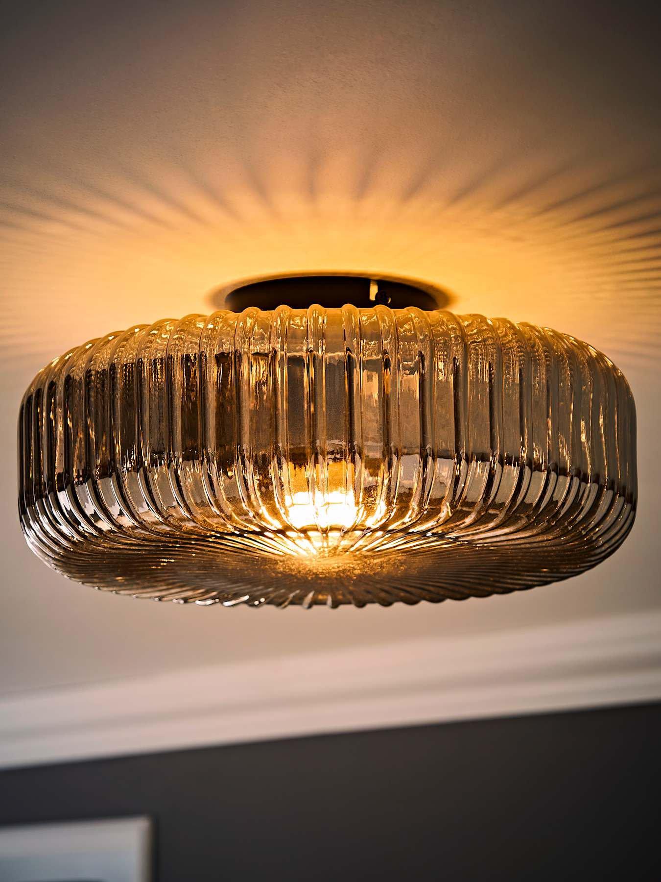 Image 3 of 6 of ValueLights Calpe Large Matte Black Flush Ceiling Light With Smoked Ribbed Glass Shade