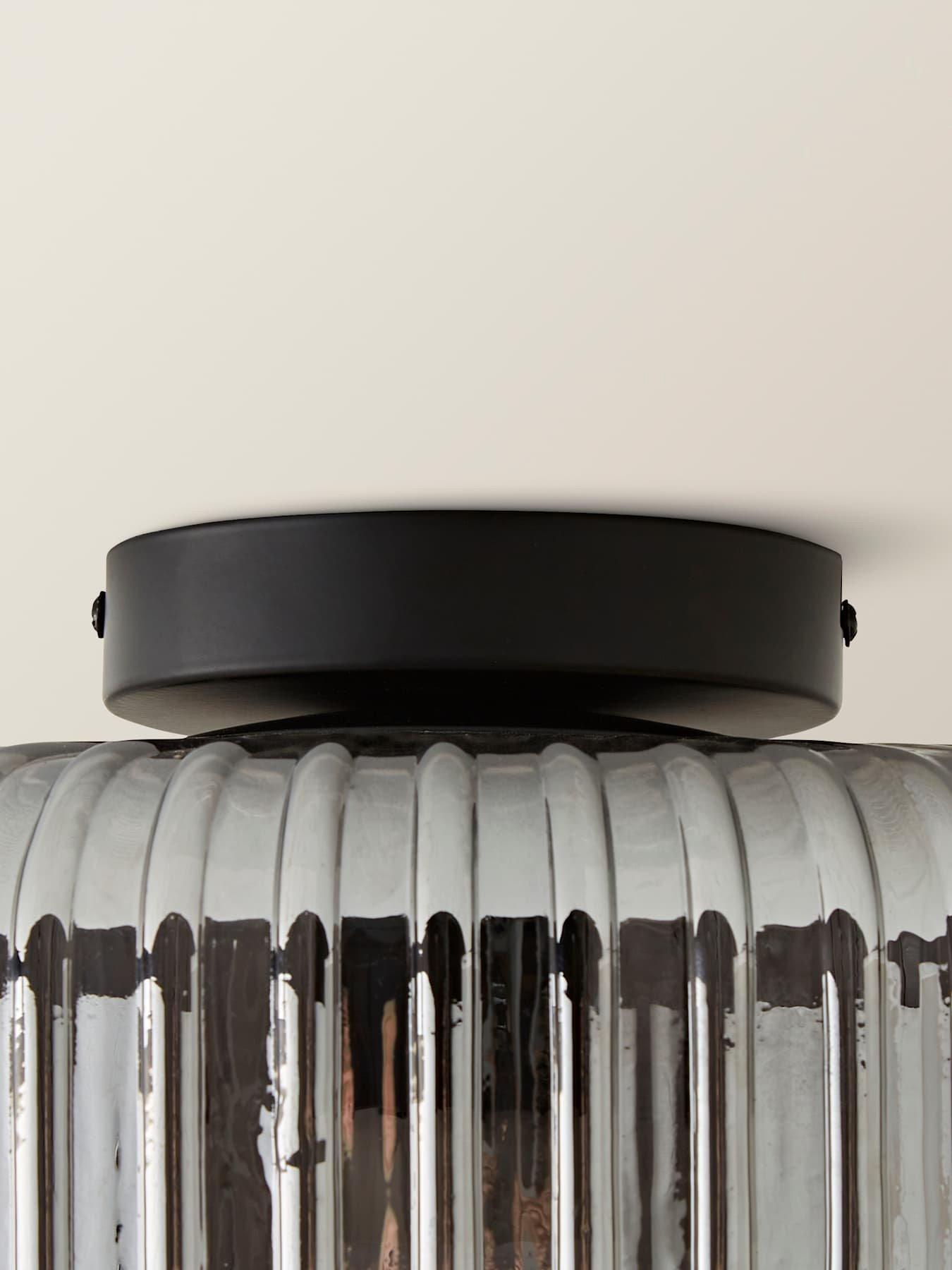 Image 6 of 6 of ValueLights Calpe Large Matte Black Flush Ceiling Light With Smoked Ribbed Glass Shade