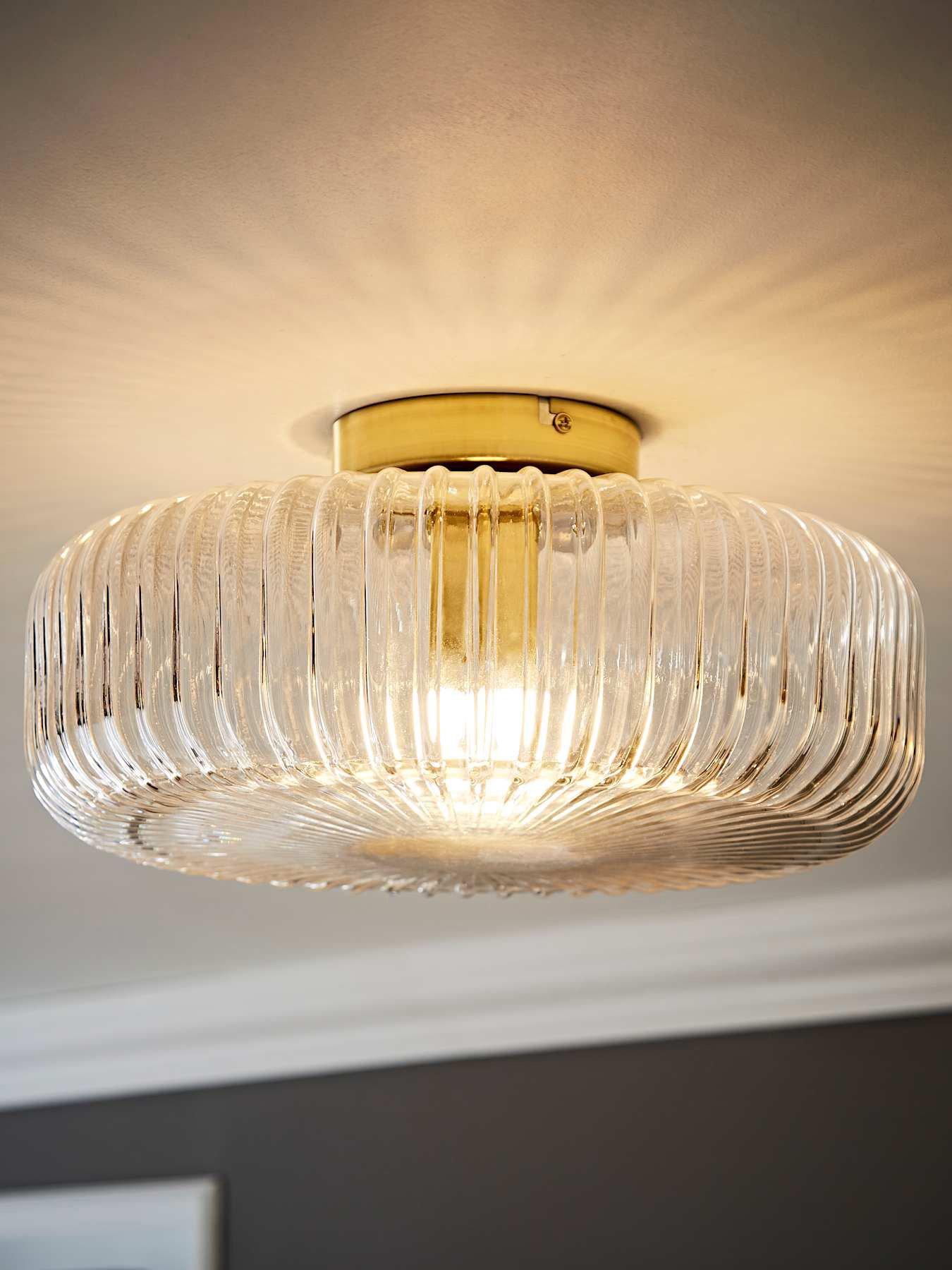 ValueLights Calpe Large Gold Flush Ceiling Light With Clear Ribbed Glass Shade