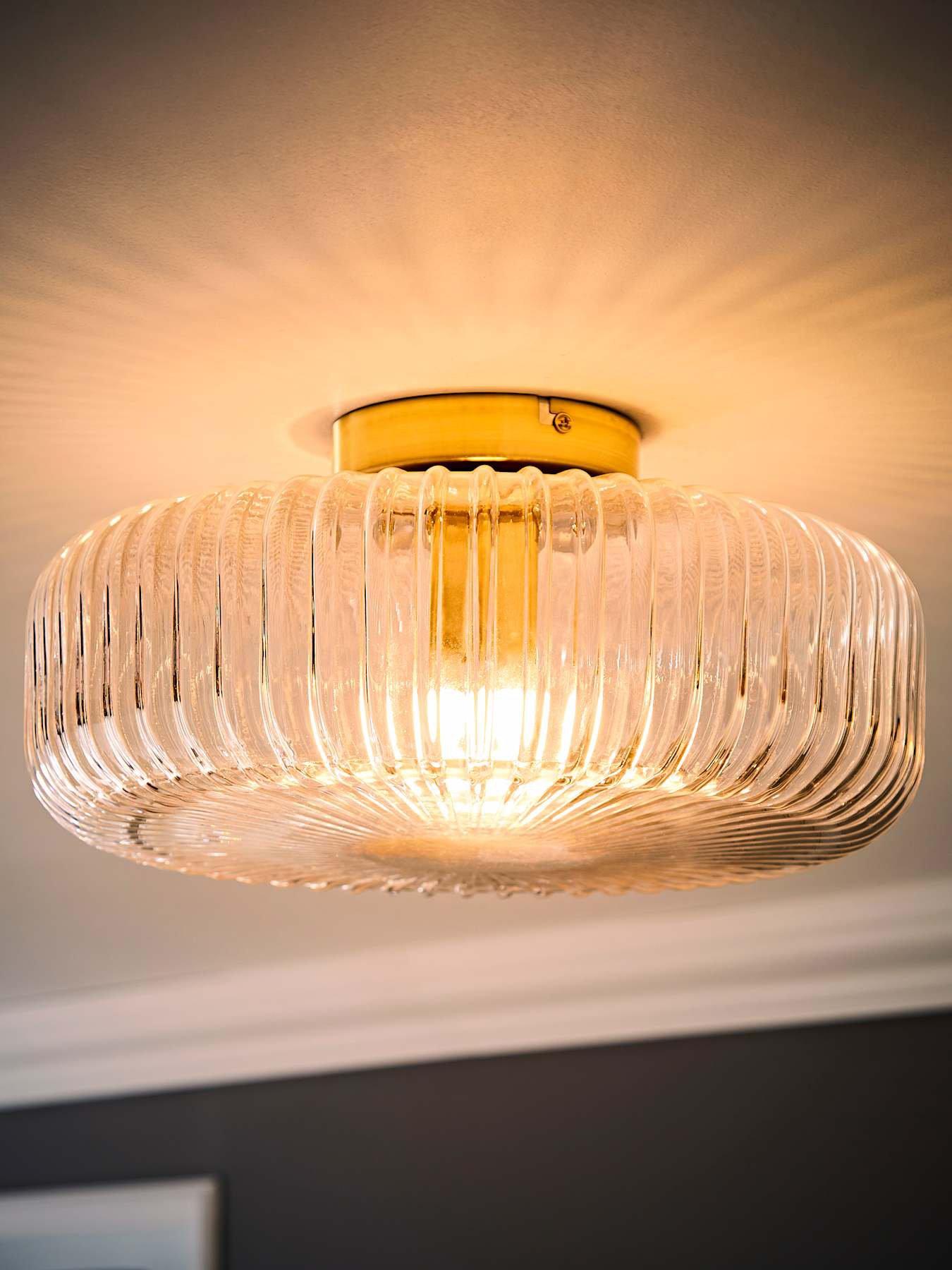 Image 3 of 6 of ValueLights Calpe Large Gold Flush Ceiling Light With Clear Ribbed Glass Shade