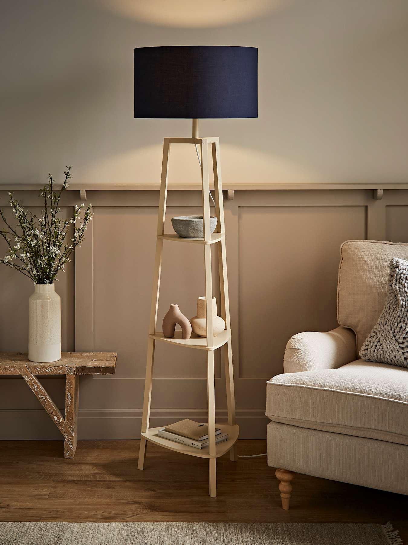 ValueLights Hiru Cream 3 Tier Shelf Wooden Tripod Floor Lamp With Navy Drum Shade