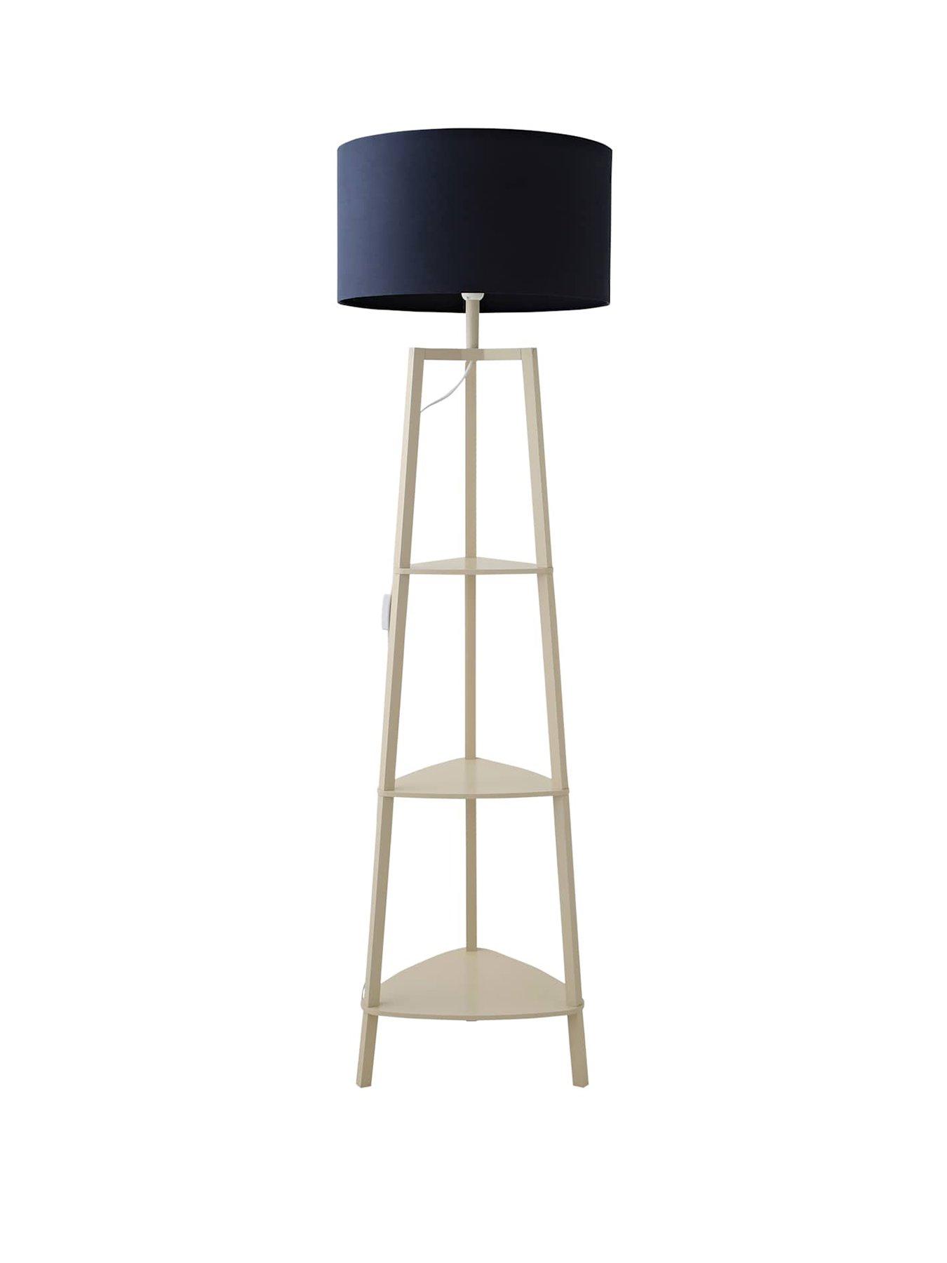 Image 2 of 6 of ValueLights Hiru Cream 3 Tier Shelf Wooden Tripod Floor Lamp With Navy Drum Shade
