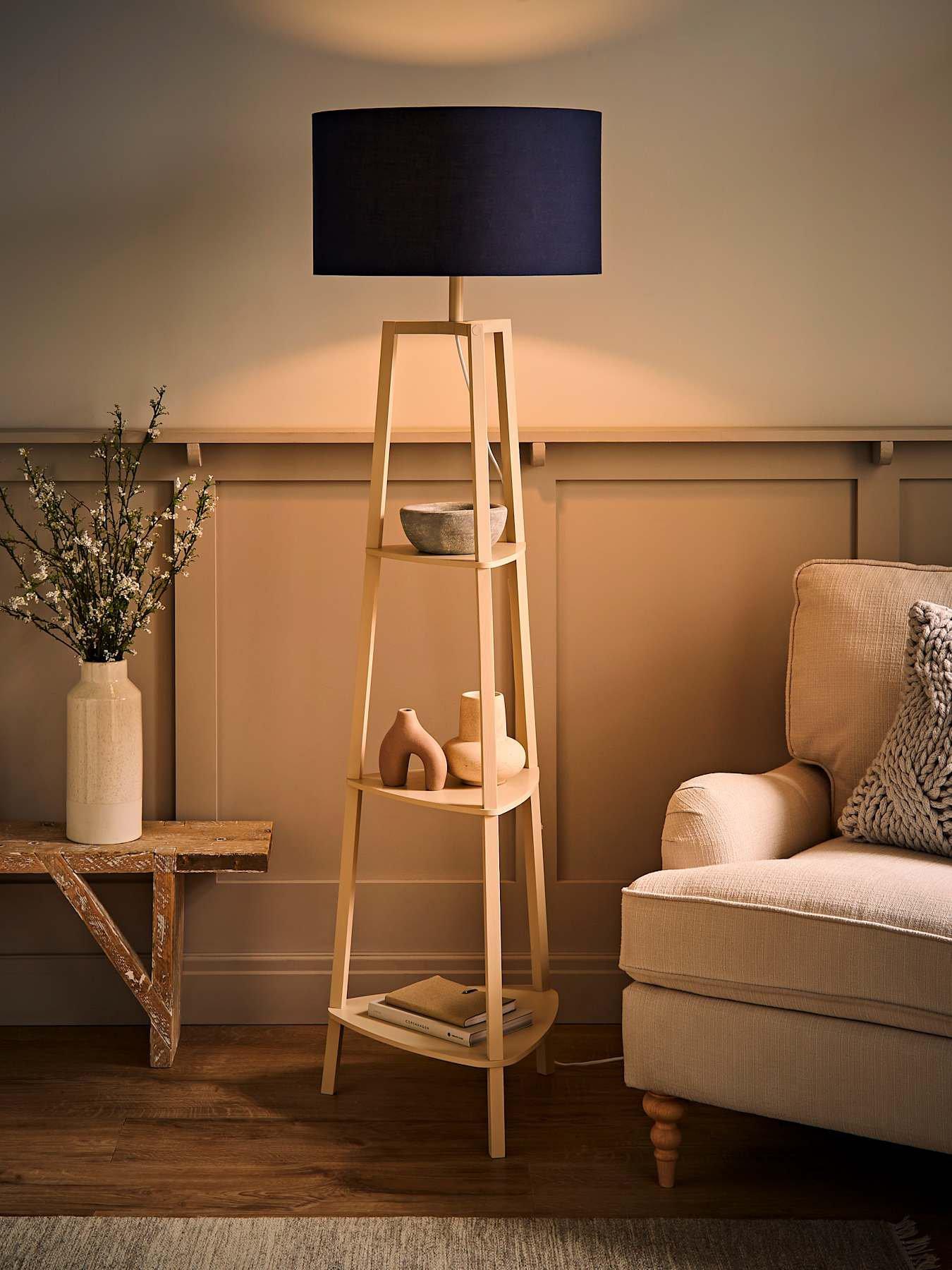 Image 3 of 6 of ValueLights Hiru Cream 3 Tier Shelf Wooden Tripod Floor Lamp With Navy Drum Shade