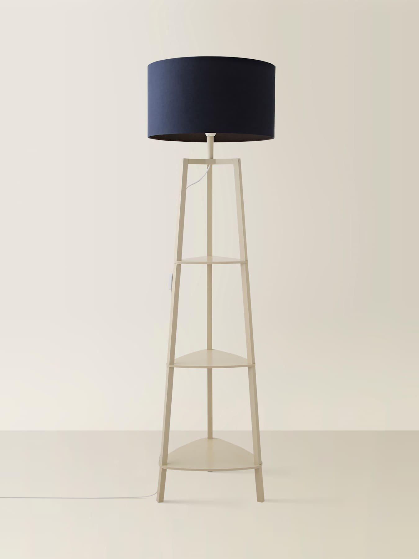 Image 4 of 6 of ValueLights Hiru Cream 3 Tier Shelf Wooden Tripod Floor Lamp With Navy Drum Shade