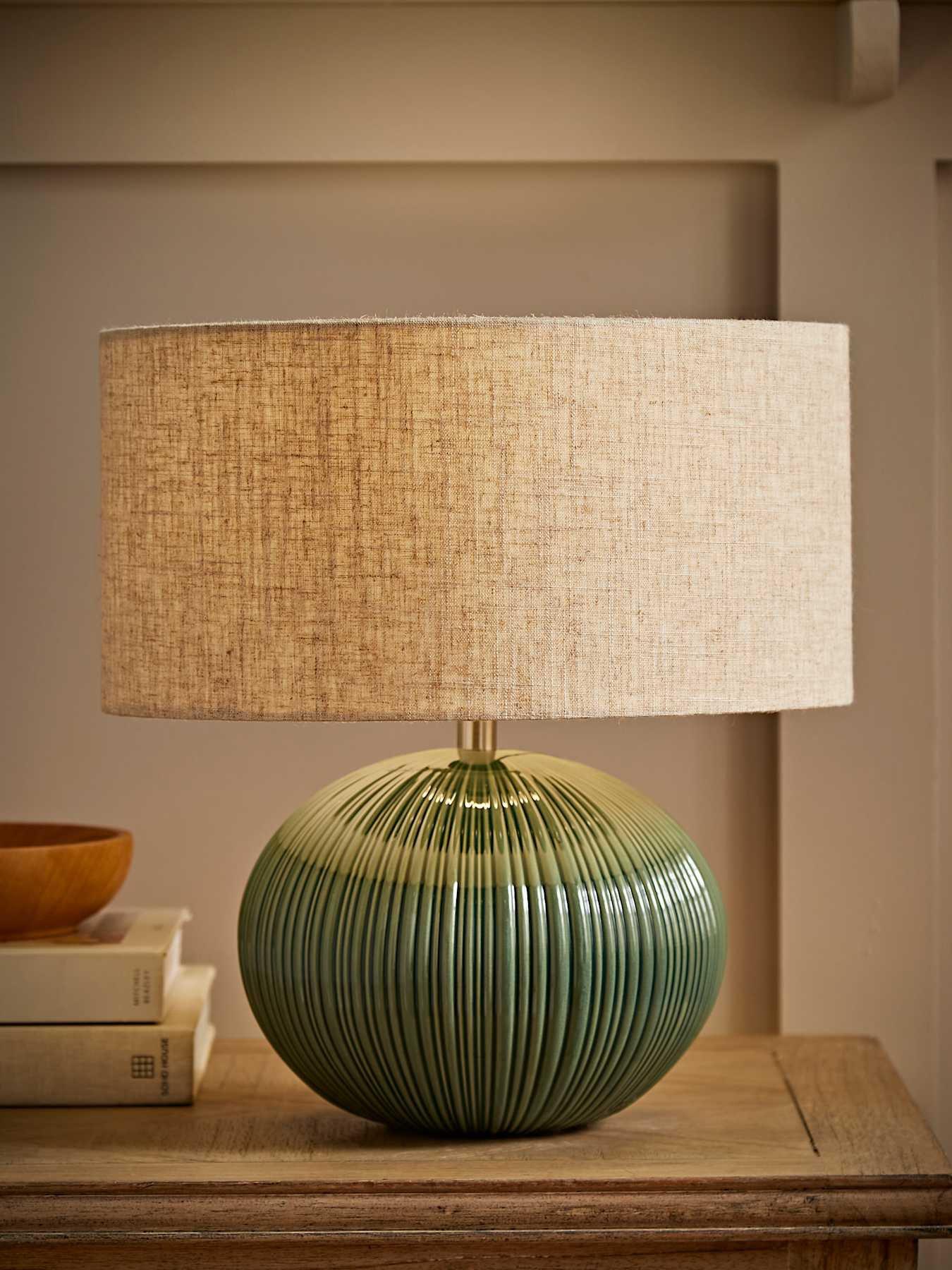 Image 1 of 7 of ValueLights Rebecca Green Ribbed Ceramic Table Lamp With Linen Shade
