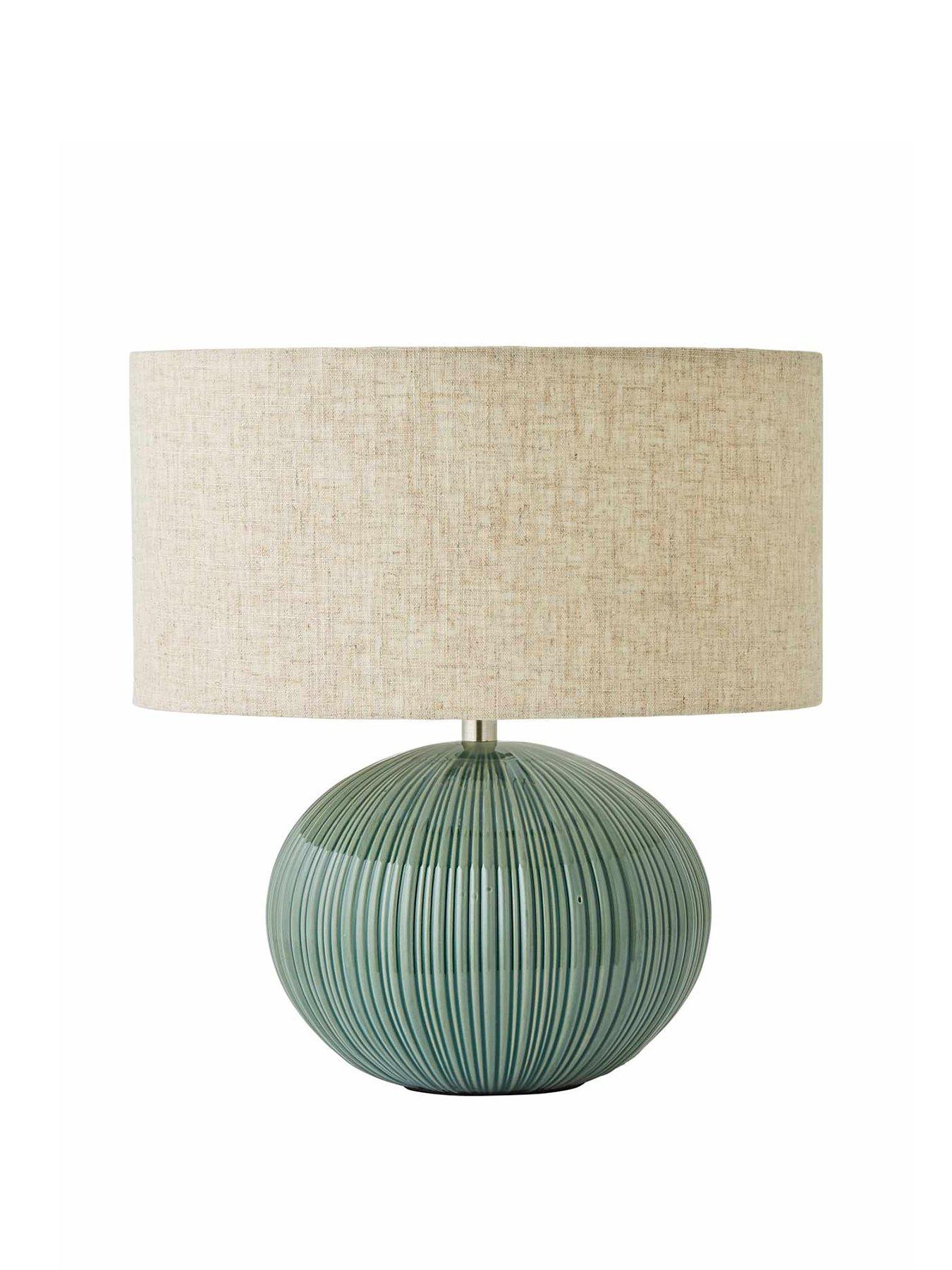 Image 2 of 7 of ValueLights Rebecca Green Ribbed Ceramic Table Lamp With Linen Shade