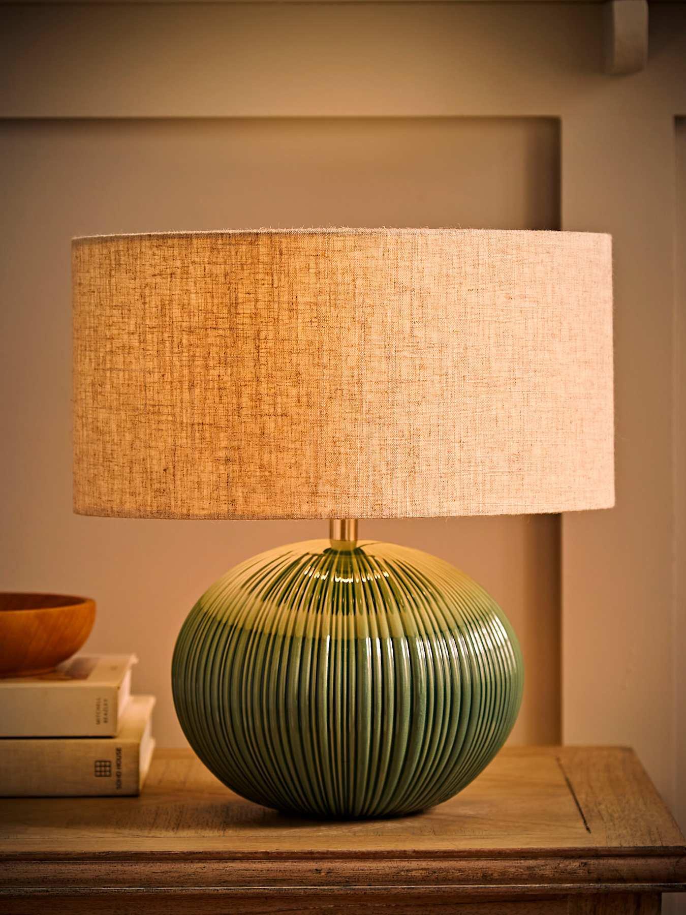 Image 3 of 7 of ValueLights Rebecca Green Ribbed Ceramic Table Lamp With Linen Shade
