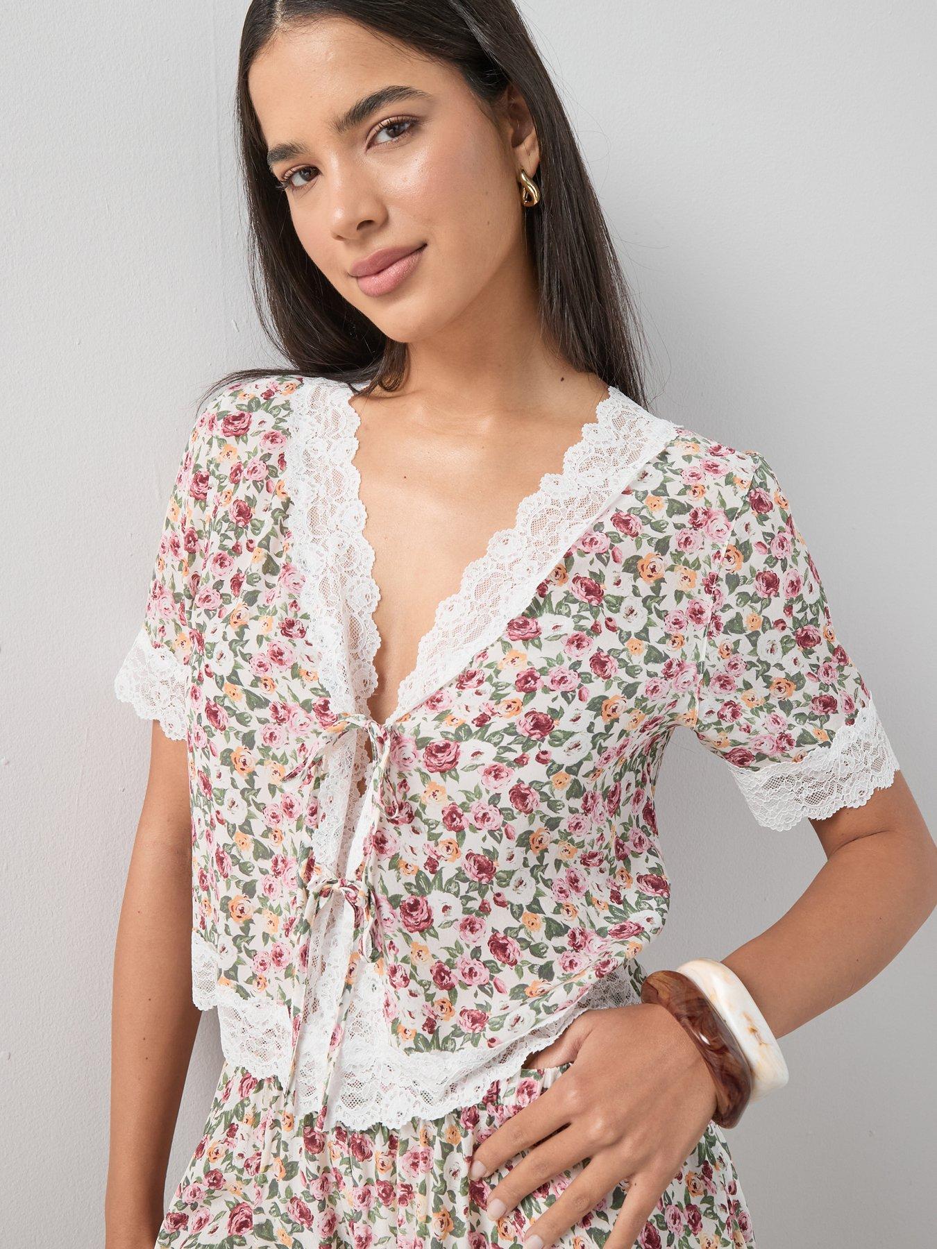The Very Collection Floral Lace Trim Tie Front Blouse