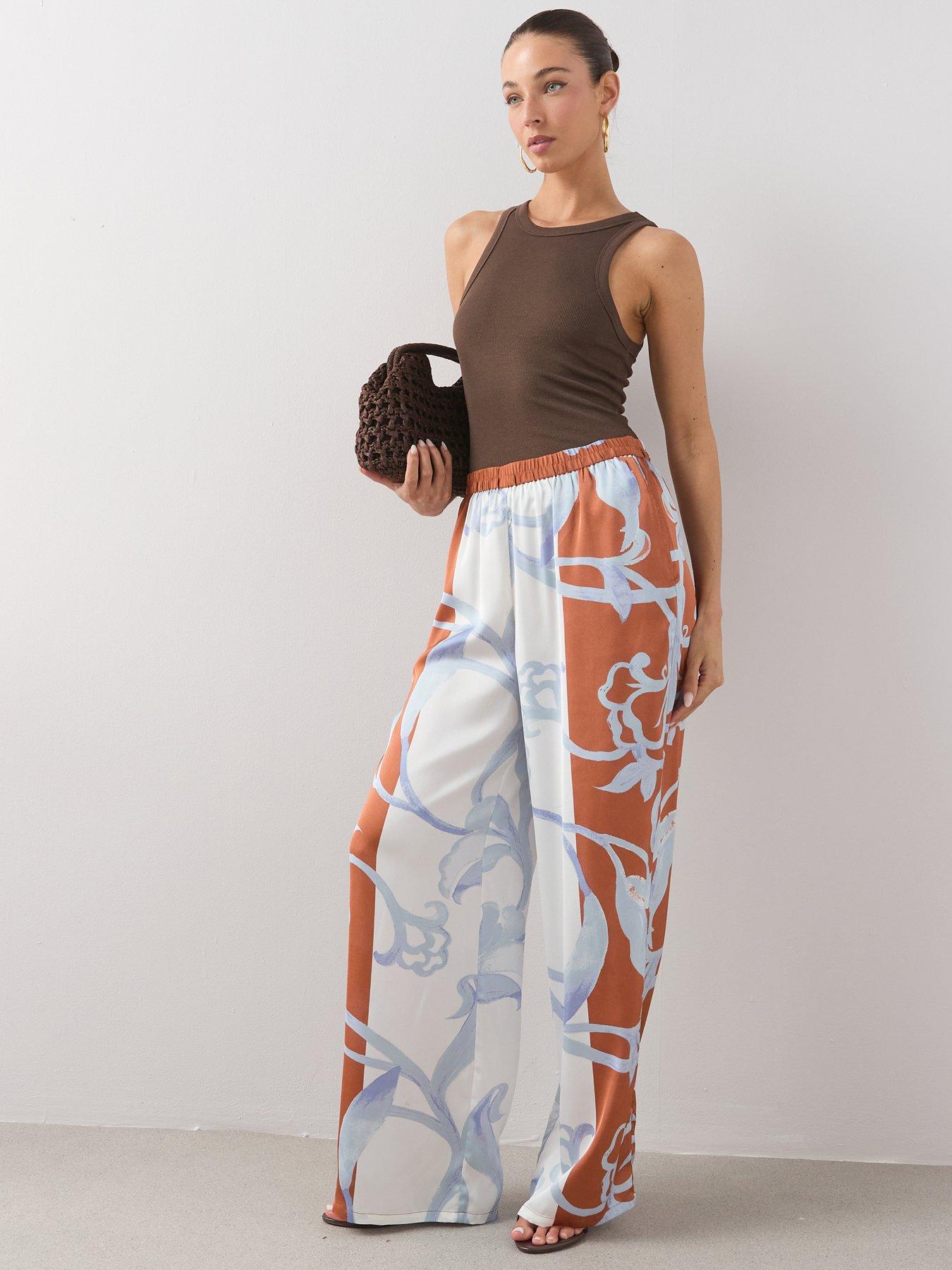 Image 3 of 7 of The Very Collection Printed Elasticated Satin Wide Leg Co-Ord Trousers Printed - Print