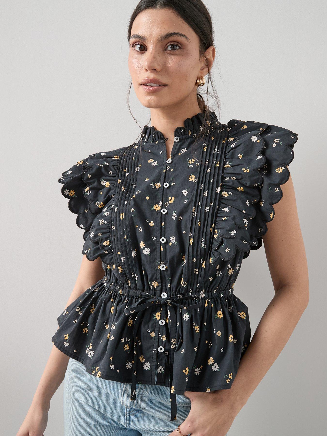 The Very Collection Ditsy Printed Ruffle Detail Tie Blouse - Black