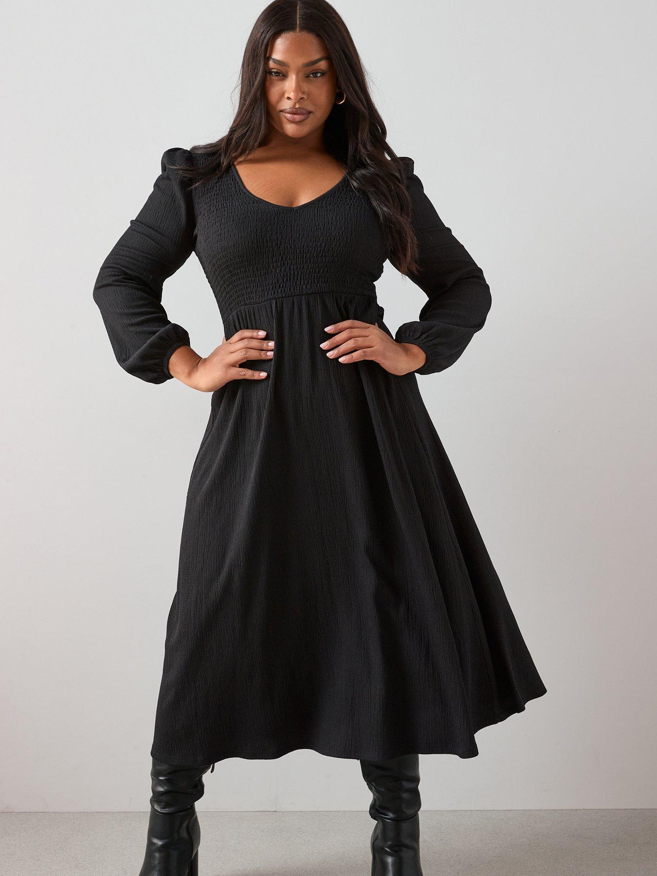 The Very Collection Curve V Neck Shirred Midi Dress - Black