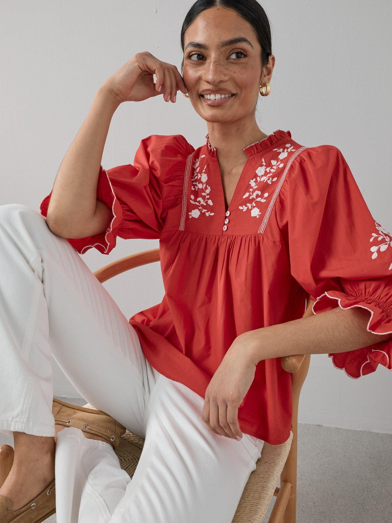 Image 1 of 6 of The Very Collection Cotton Poplin Embroidered Blouse - White