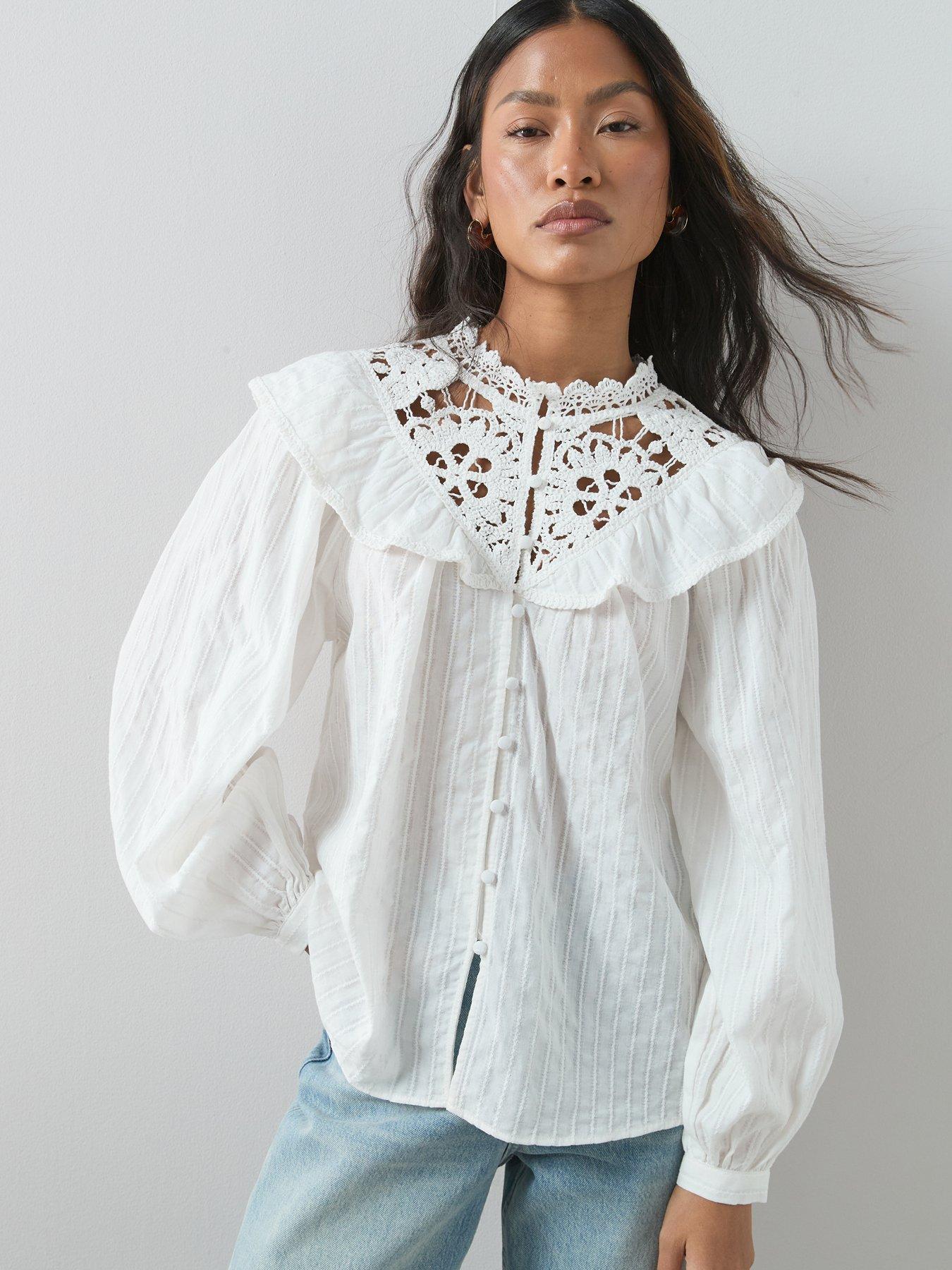 The Very Collection Lace Insert Frill Detail Blouse - White | Very