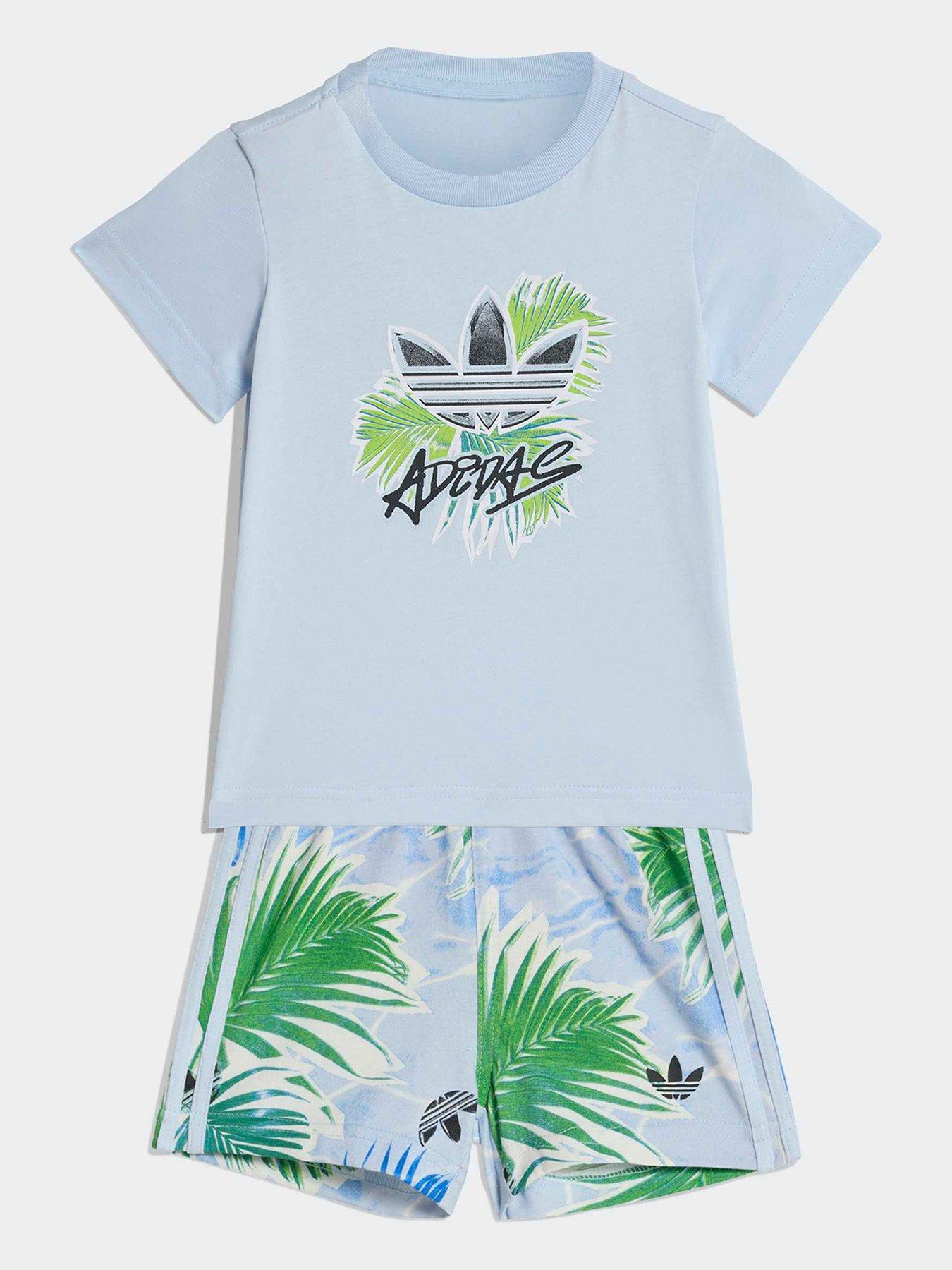 Image 1 of 6 of adidas Originals Infant Unisex Floral Printed Short And T-Shirt Set - Blue