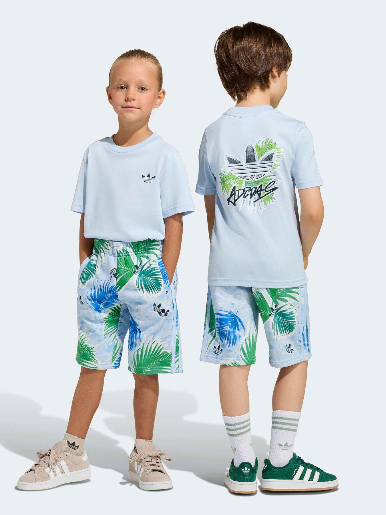 adidas Originals Kids Unisex Floral Printed Regular Short Tee Set - Blue