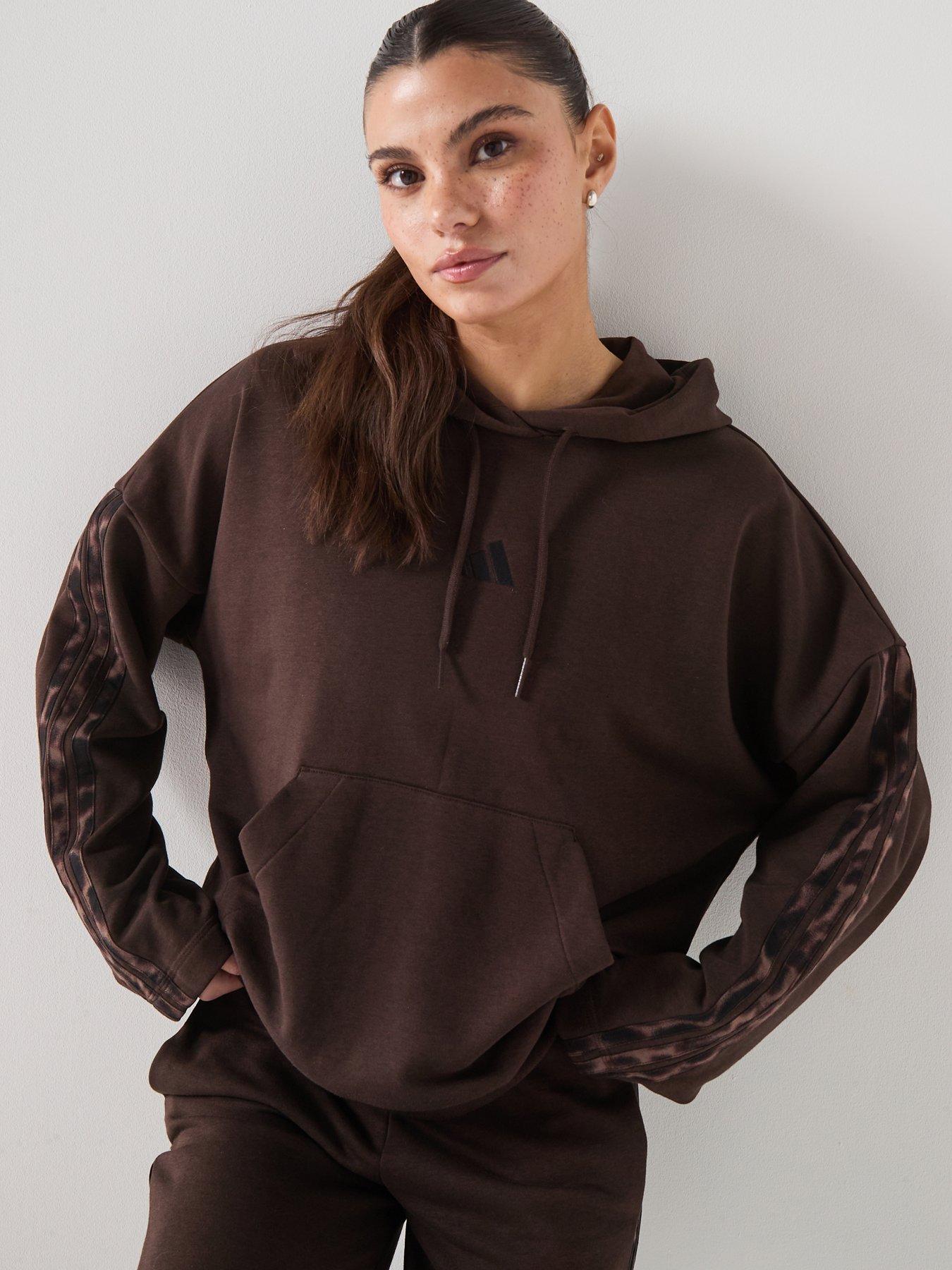 adidas Sportswear Womens Essentials Leopard Print French Terry Hoodie - Brown