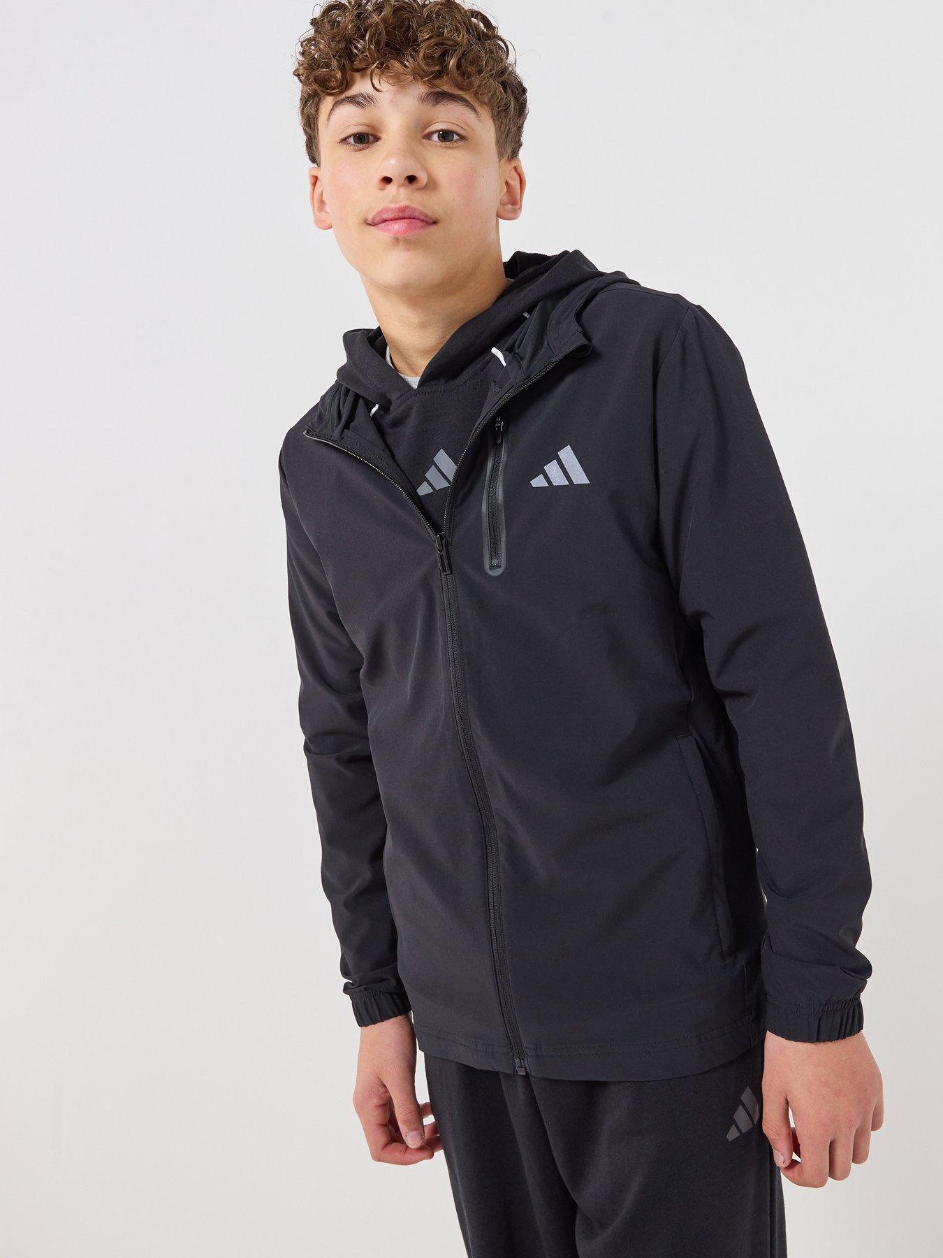 adidas Sportswear Junior Boys Boys Hooded Tech Woven Jacket, Black/Grefou, Size 7-8 Years