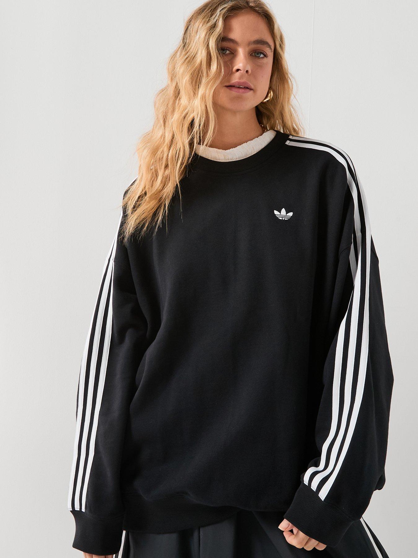 adidas Originals Women's 3 Stripes Oversized Adilenium Crew, Black/White, Size L, Women