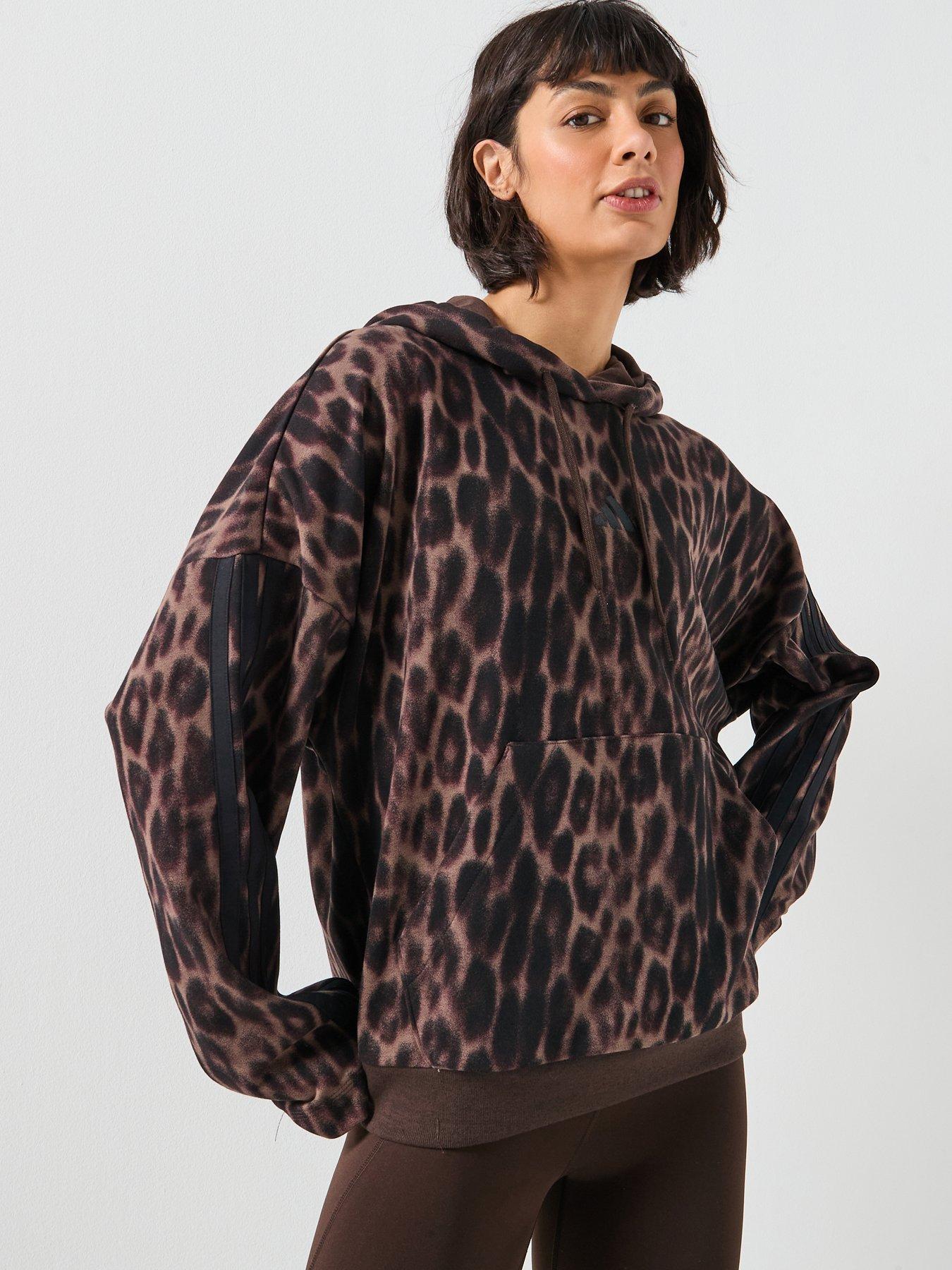 Image 1 of 6 of adidas Sportswear Women's Seasonal Essentials Leopard French Terry Hoodie With 3-Stripes - Animal Print