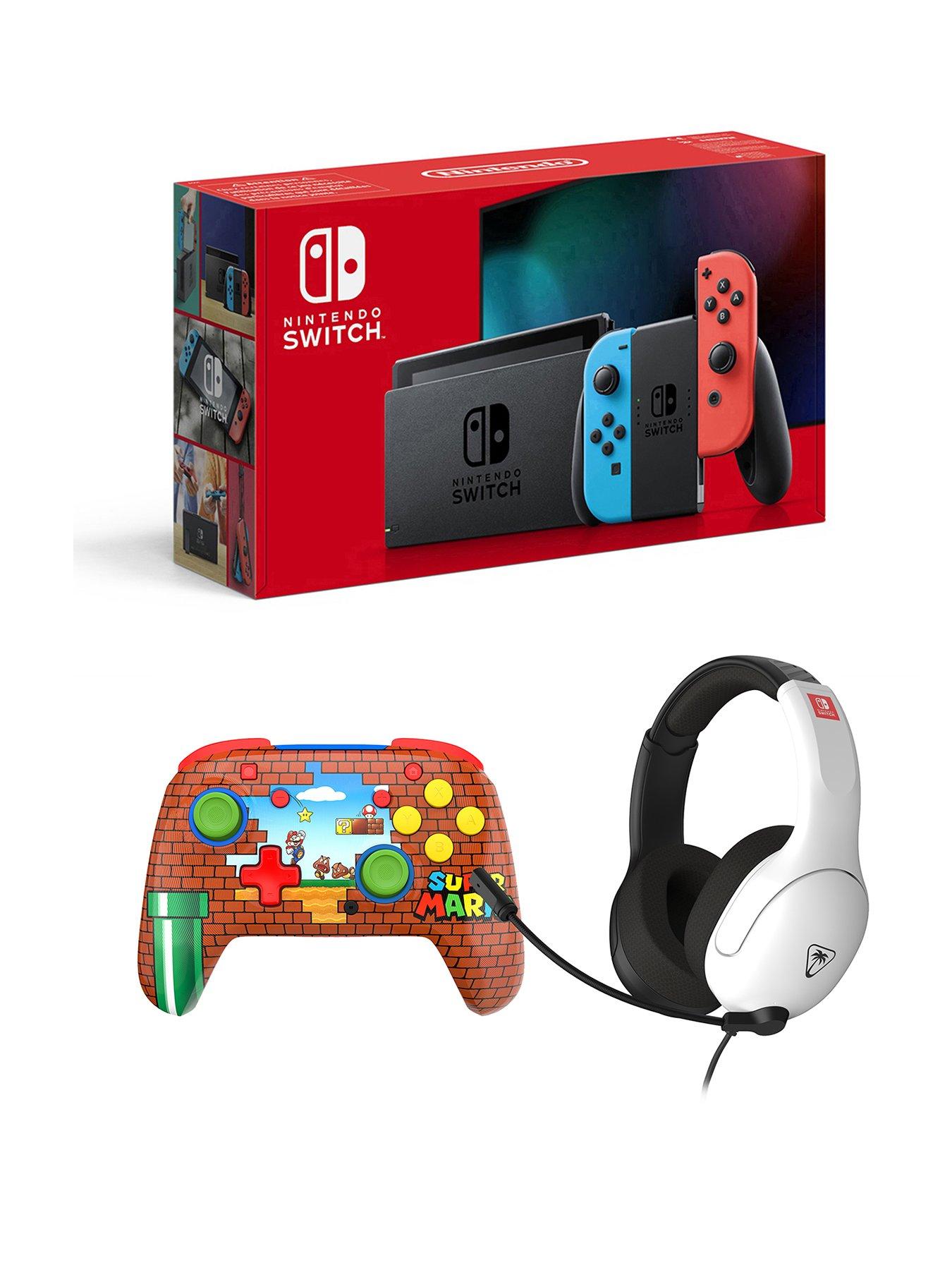 Nintendo Switch Console + Rematch Wireless Controller - Mario Bricks Reveal  &  Airlite Fit Black  &  White Headset
