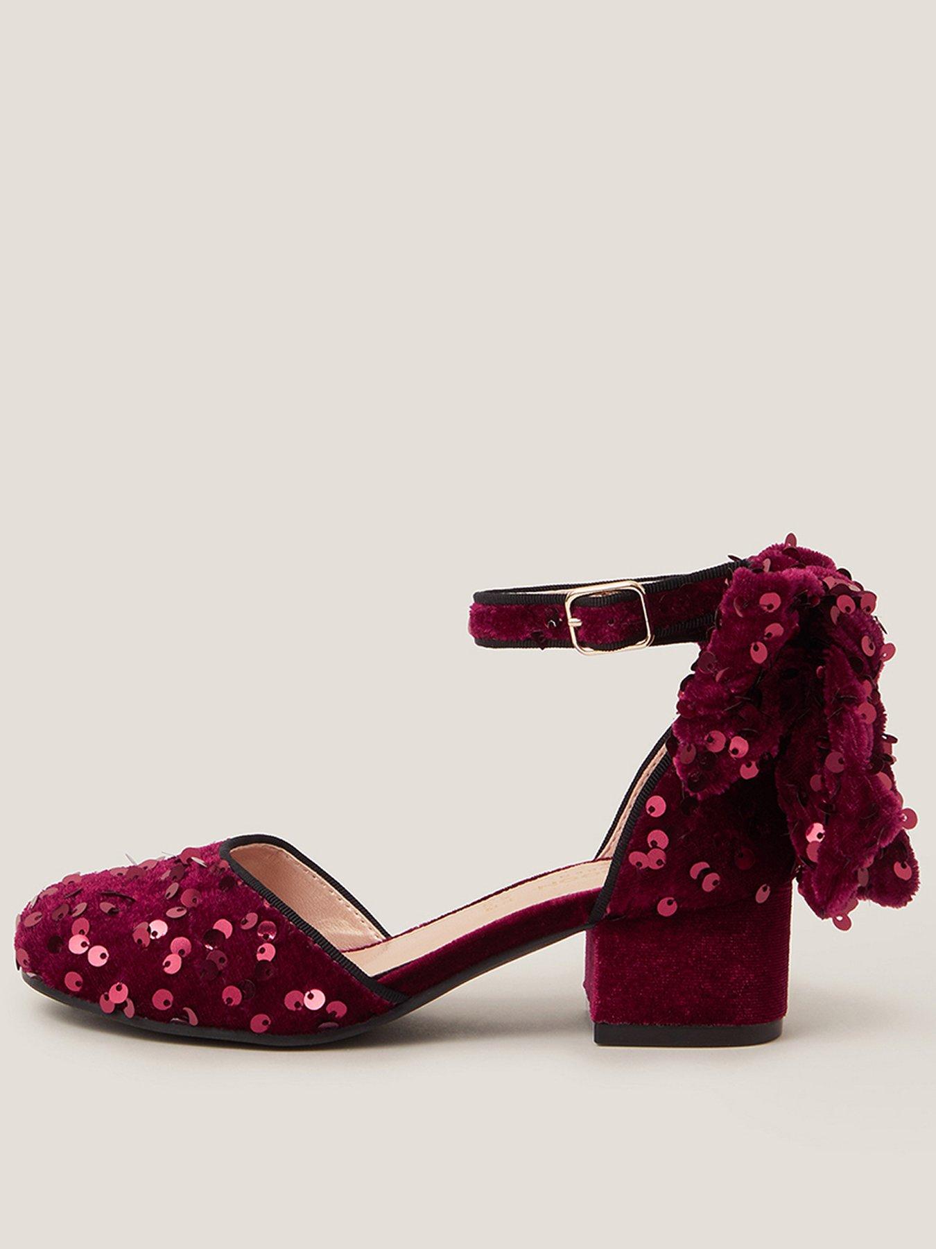 Monsoon Girls Sequin Velvet Bow Heeled Shoes - Dark Red