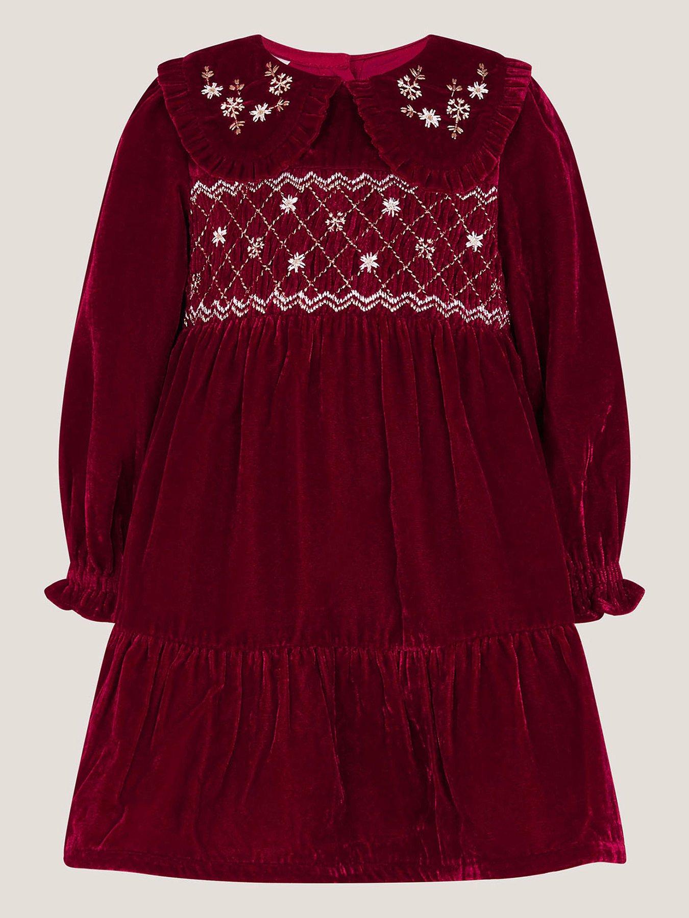 Monsoon Baby Girls Floral Embroidered Velvet Dress - Dark Red