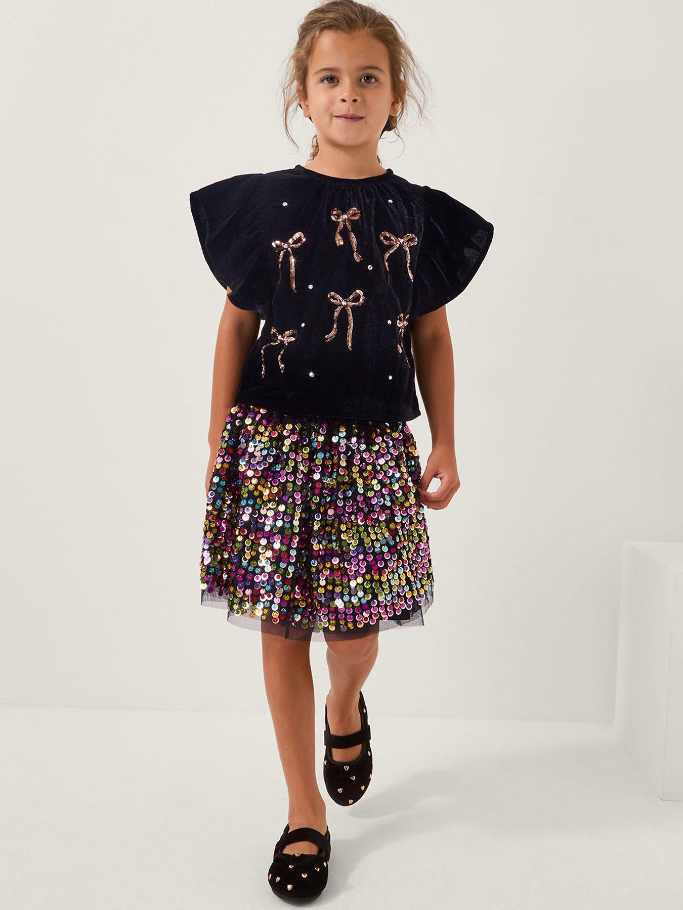 Monsoon Girls Velvet Bow Top  &  Sequin Skirt Set - Black