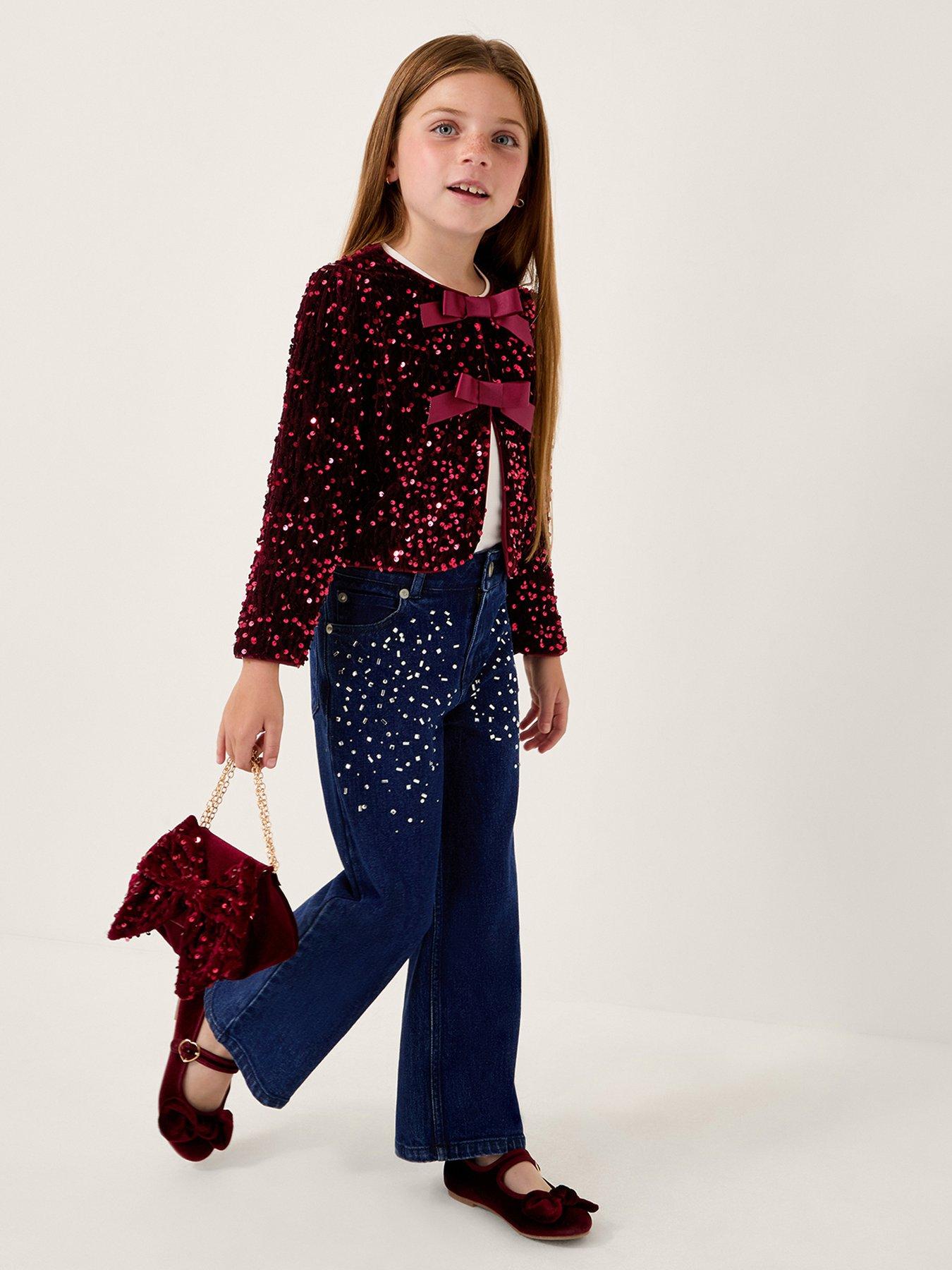 Monsoon Girls Velvet Sequin Bow Jacket - Dark Red