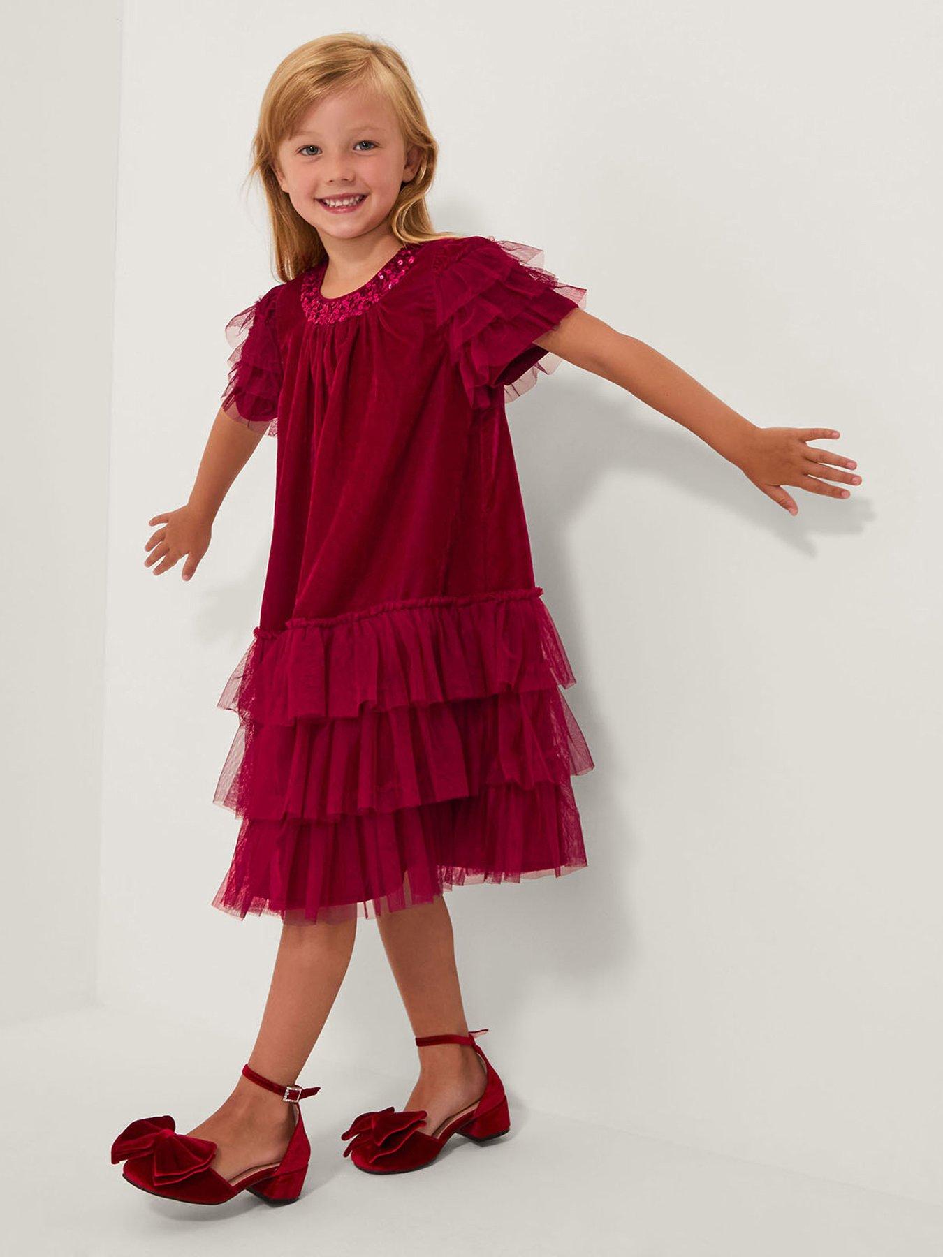Monsoon Girls Alexandra Velvet Ruffle Party Dress - Red