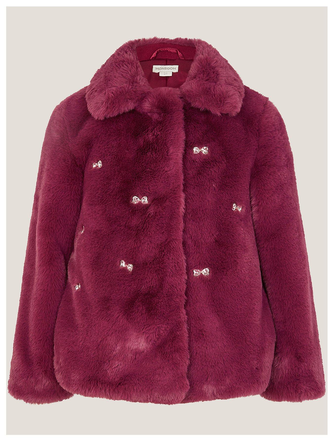 Monsoon Girls Bow Embellished Faux Fur Coat - Dark Red