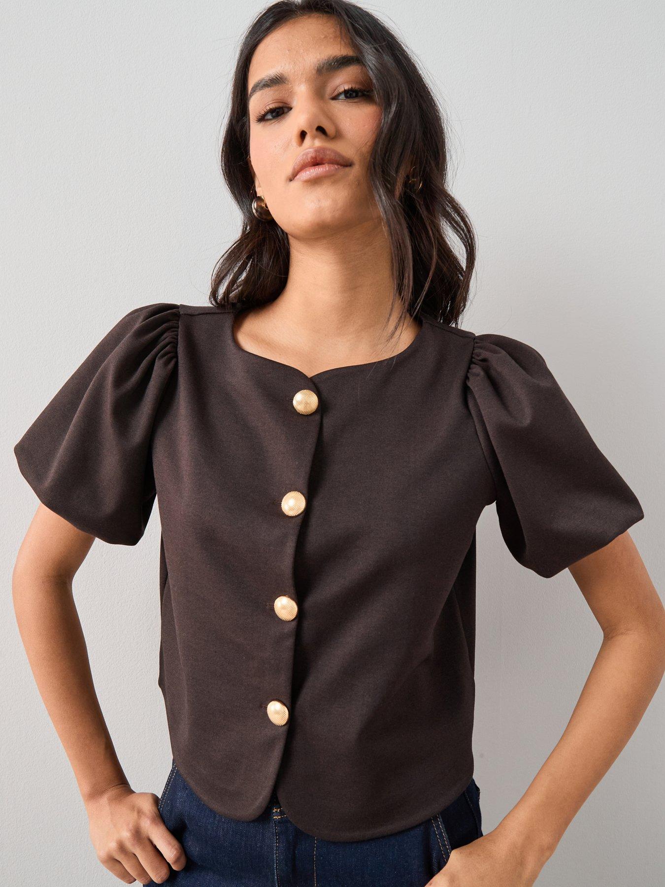 The Very Collection Puff Sleeve Button Up Top - Brown