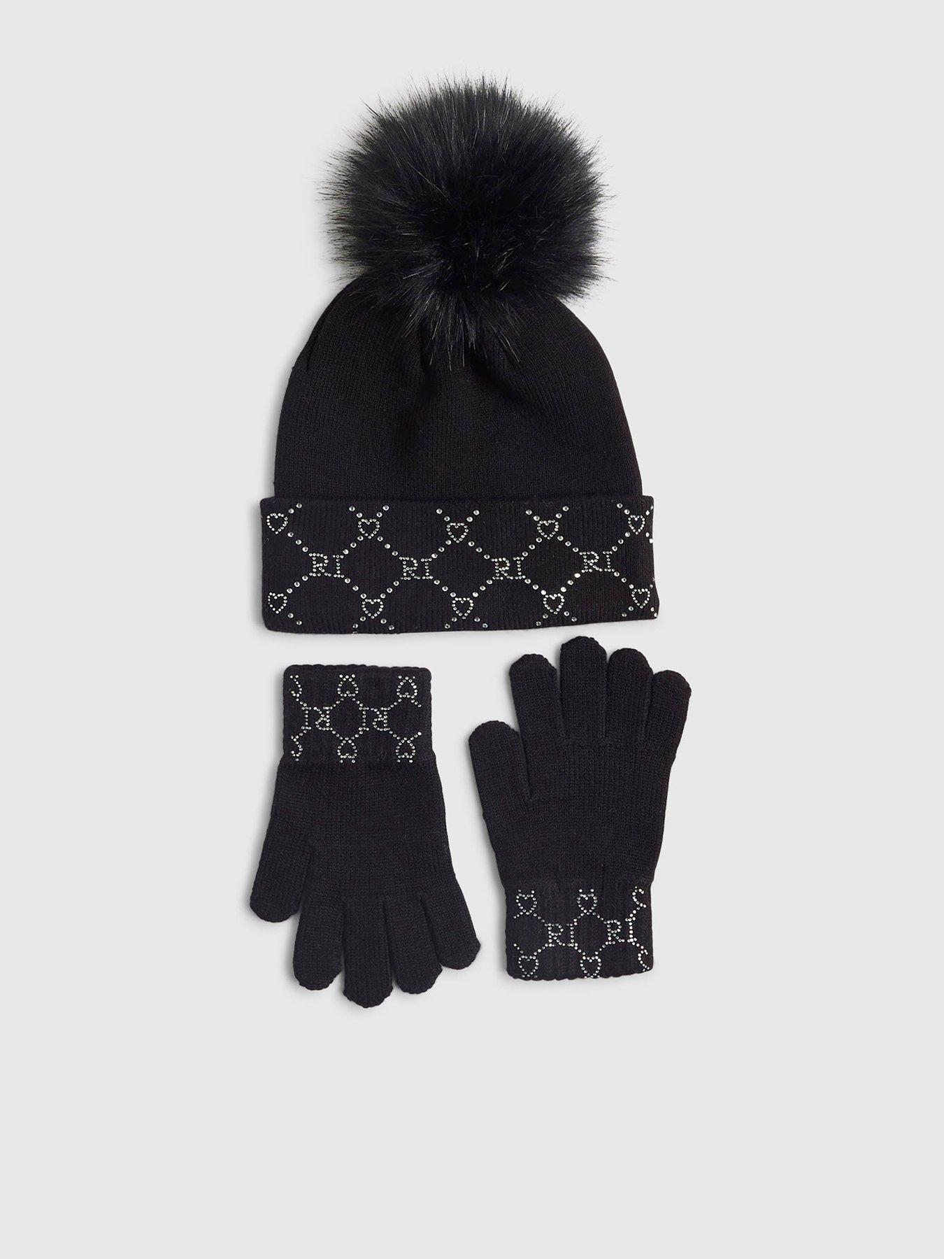 River Island Older Girls Diamante Beanie And Gloves Set - Black