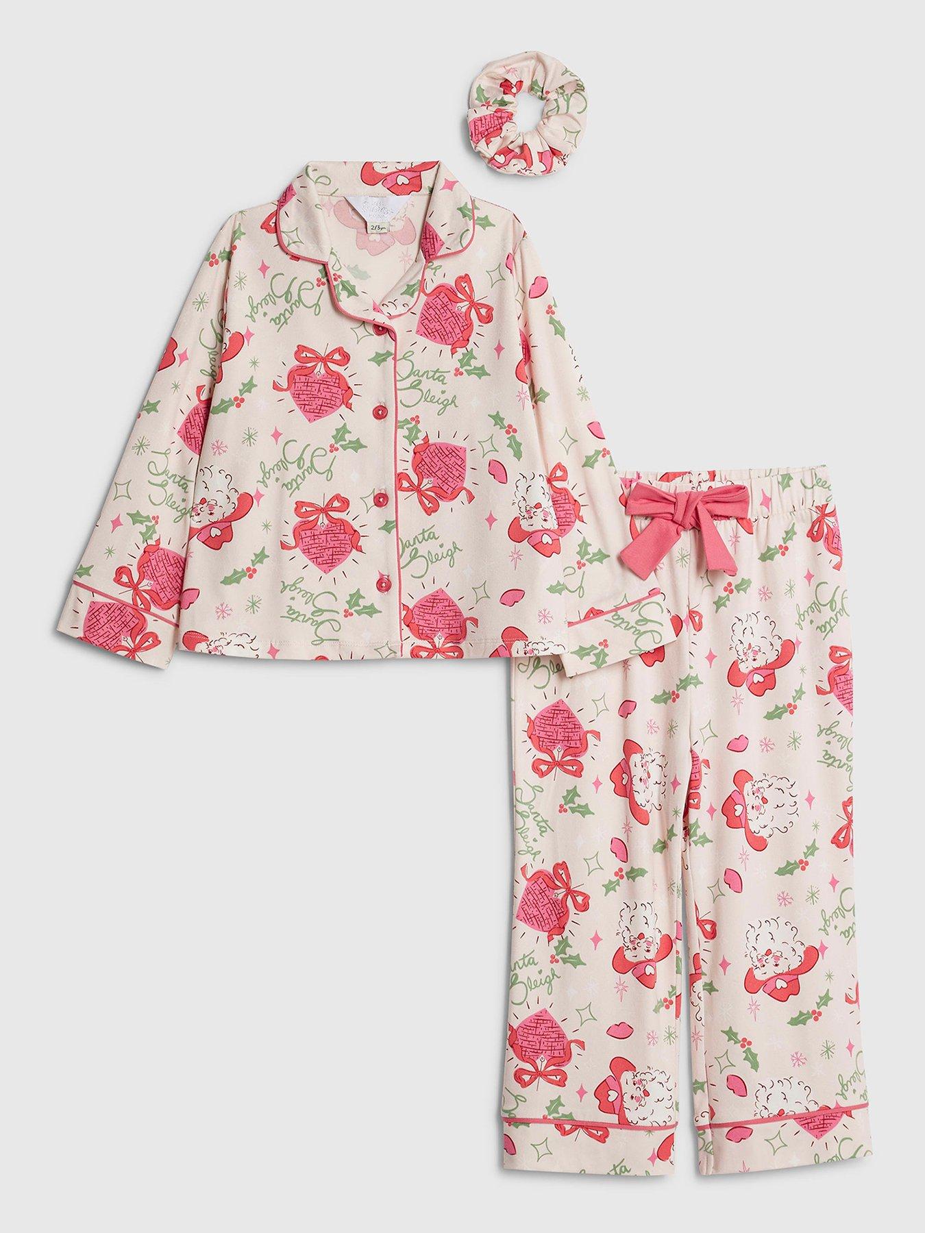 Image 1 of 5 of River Island Mini Girls Santa Sleigh Pyjama Set - Pink