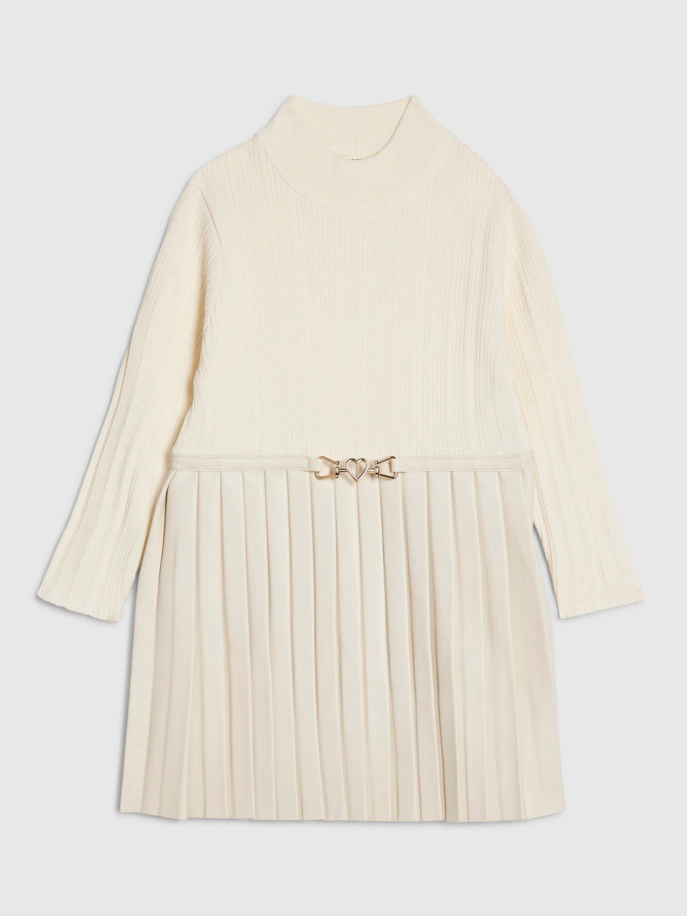 River Island Mini Girls Faux Leather Pleated Dress - Cream