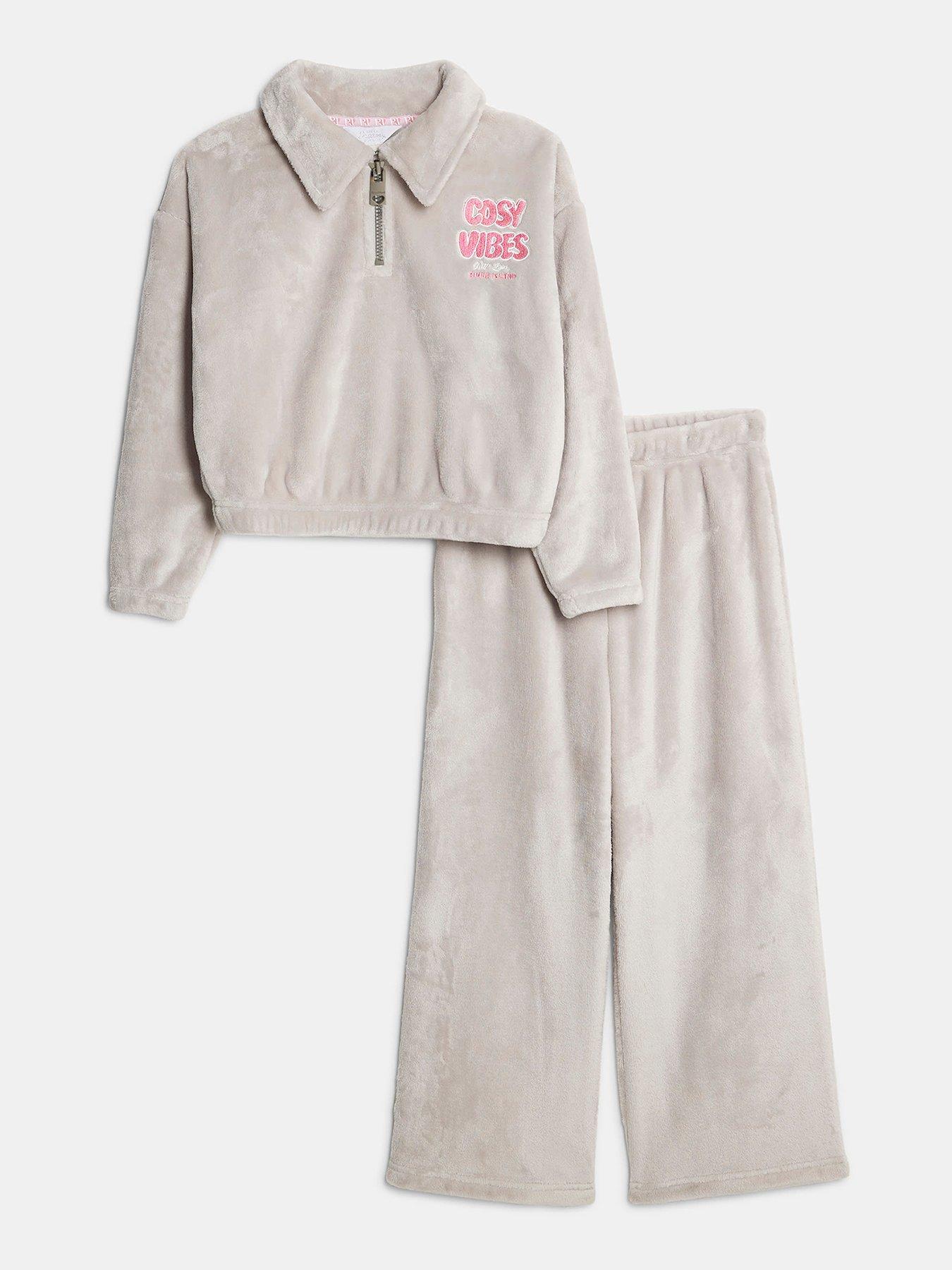River Island Older Girls Cosy Vibes Back Print Velour Loungewear Set - Grey