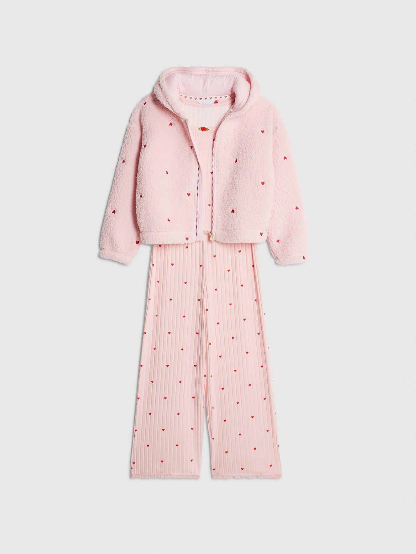 Image 3 of 5 of River Island Older Girls 3 Piece Heart Pyjama Hoodie Set - Pink