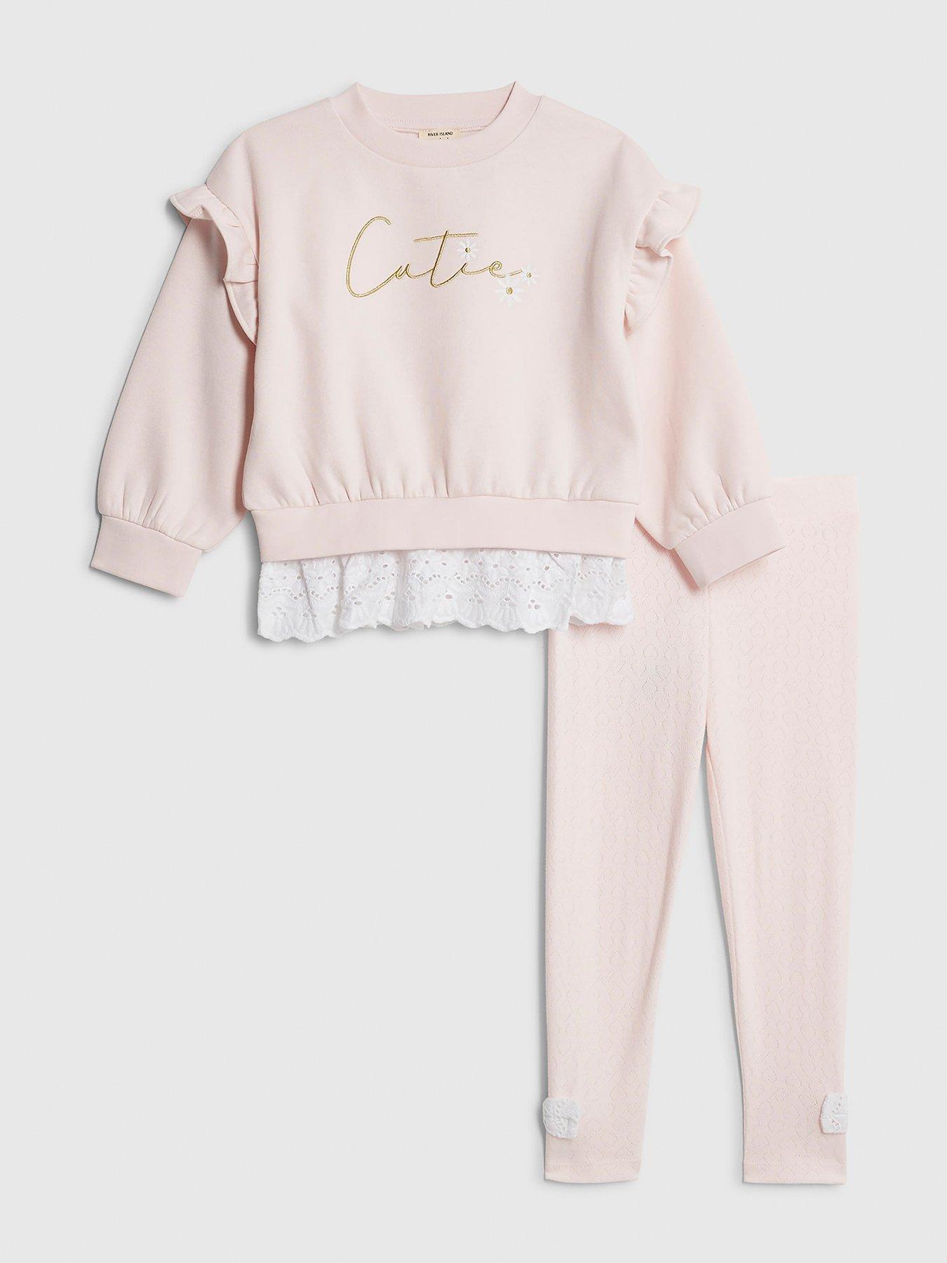 River Island Mini Girls Broderie Hem Cutie Sweatshirt Set - Pink