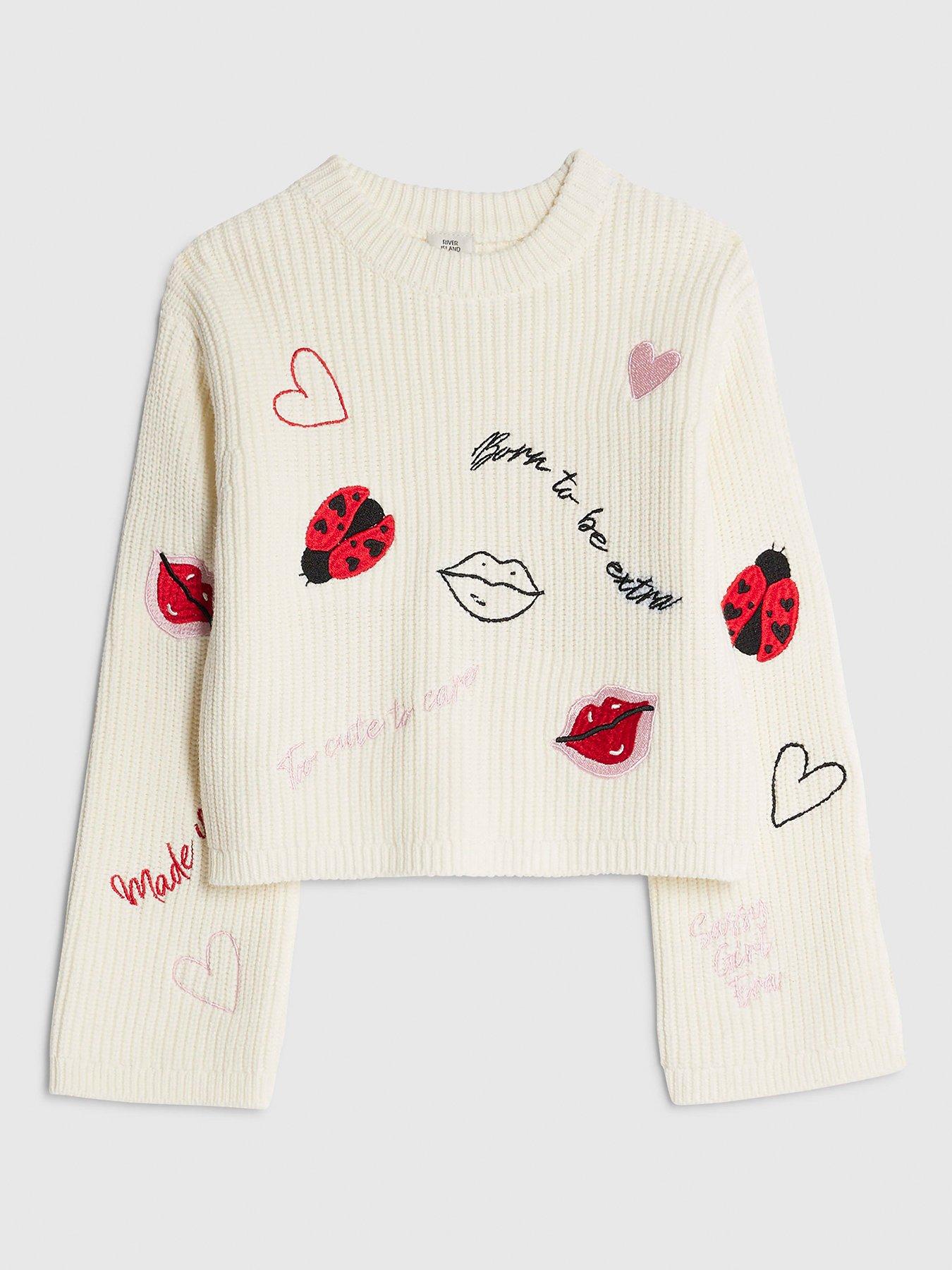 Image 1 of 4 of River Island Older Girls Ladybird Lips Jumper - Cream