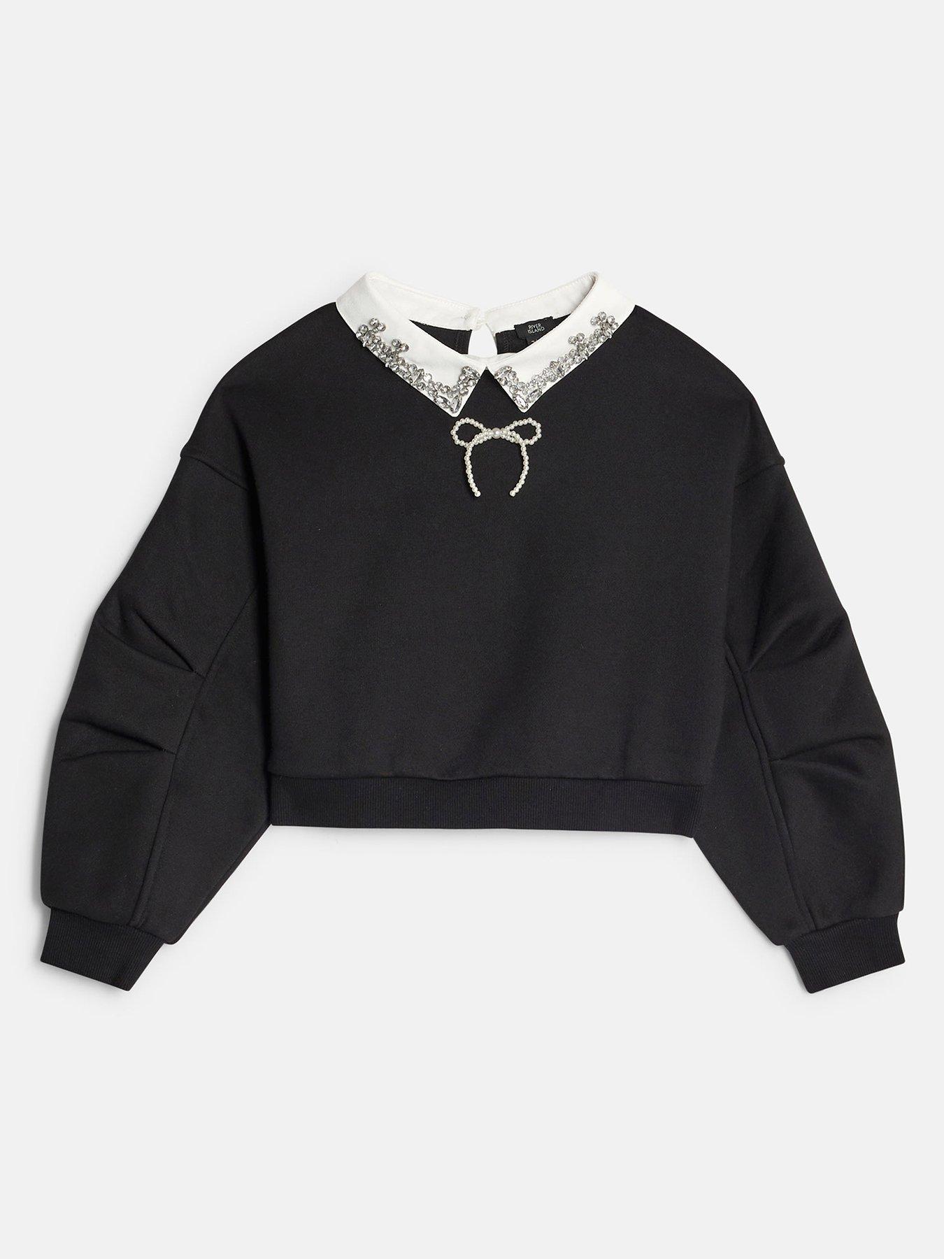 River Island Older Girls Embellished Bow Collar Sweatshirt - Black