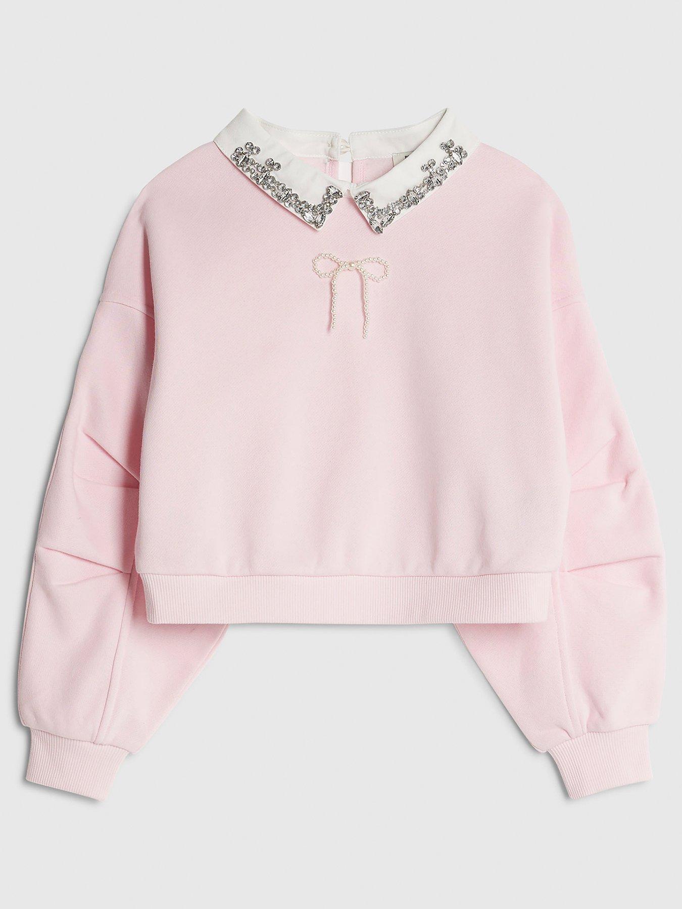 River Island: Older Girls Embellished Bow Collar Sweatshirt - Pink