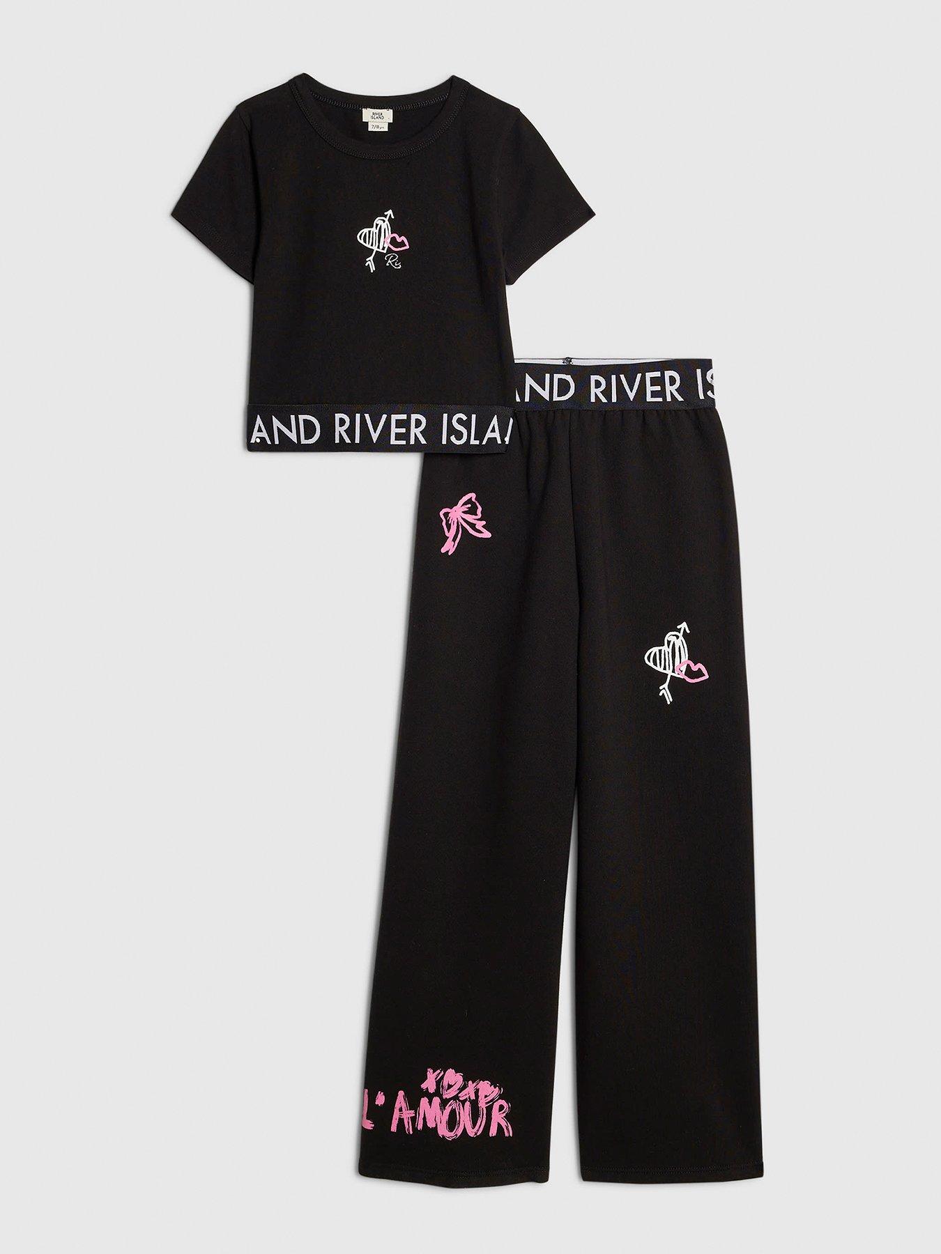 River Island Older Girls Waistband Graffiti Wide Leg Set - Black