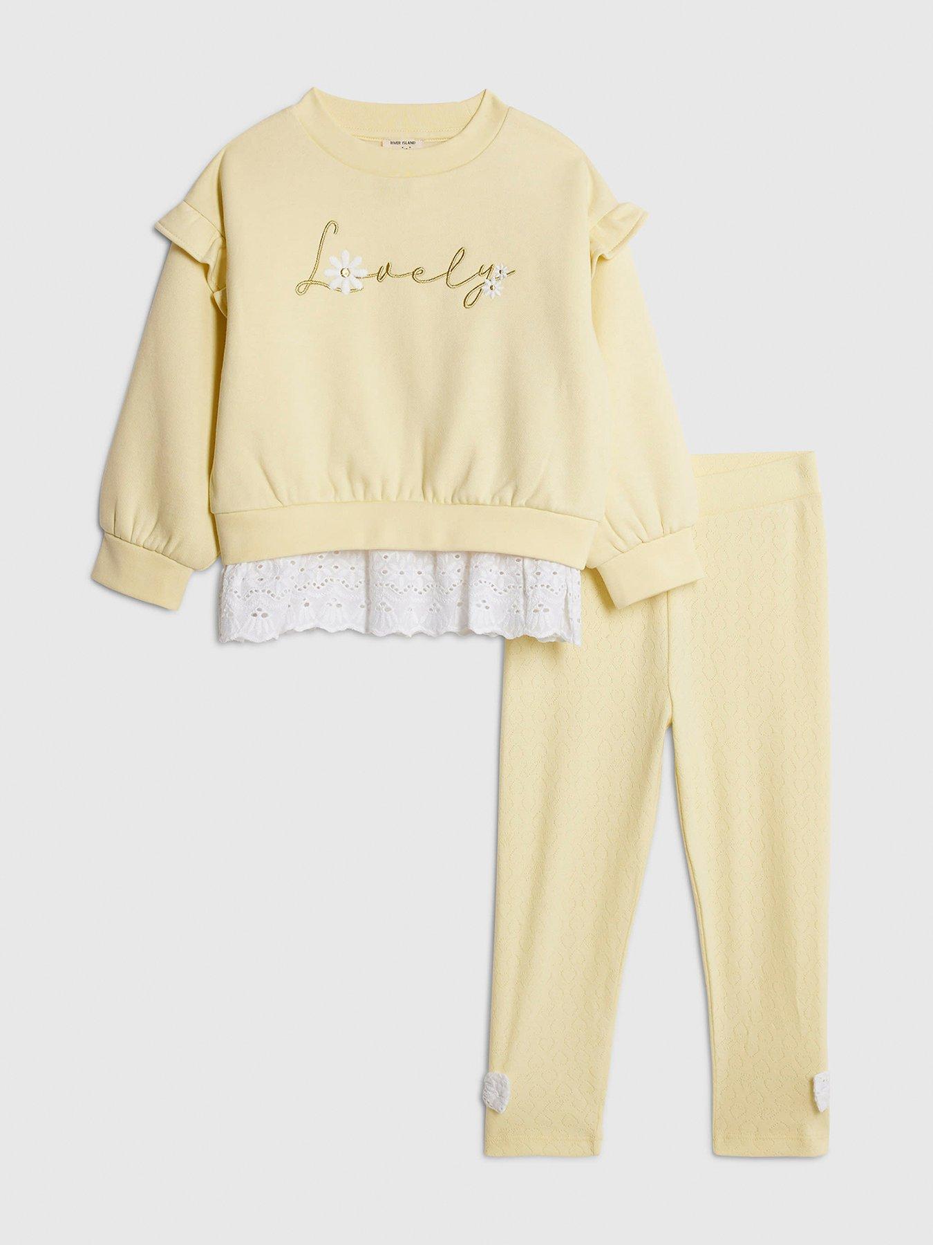 River Island Mini Girls Broderie Hem Lovely Sweatshirt Set - Yellow