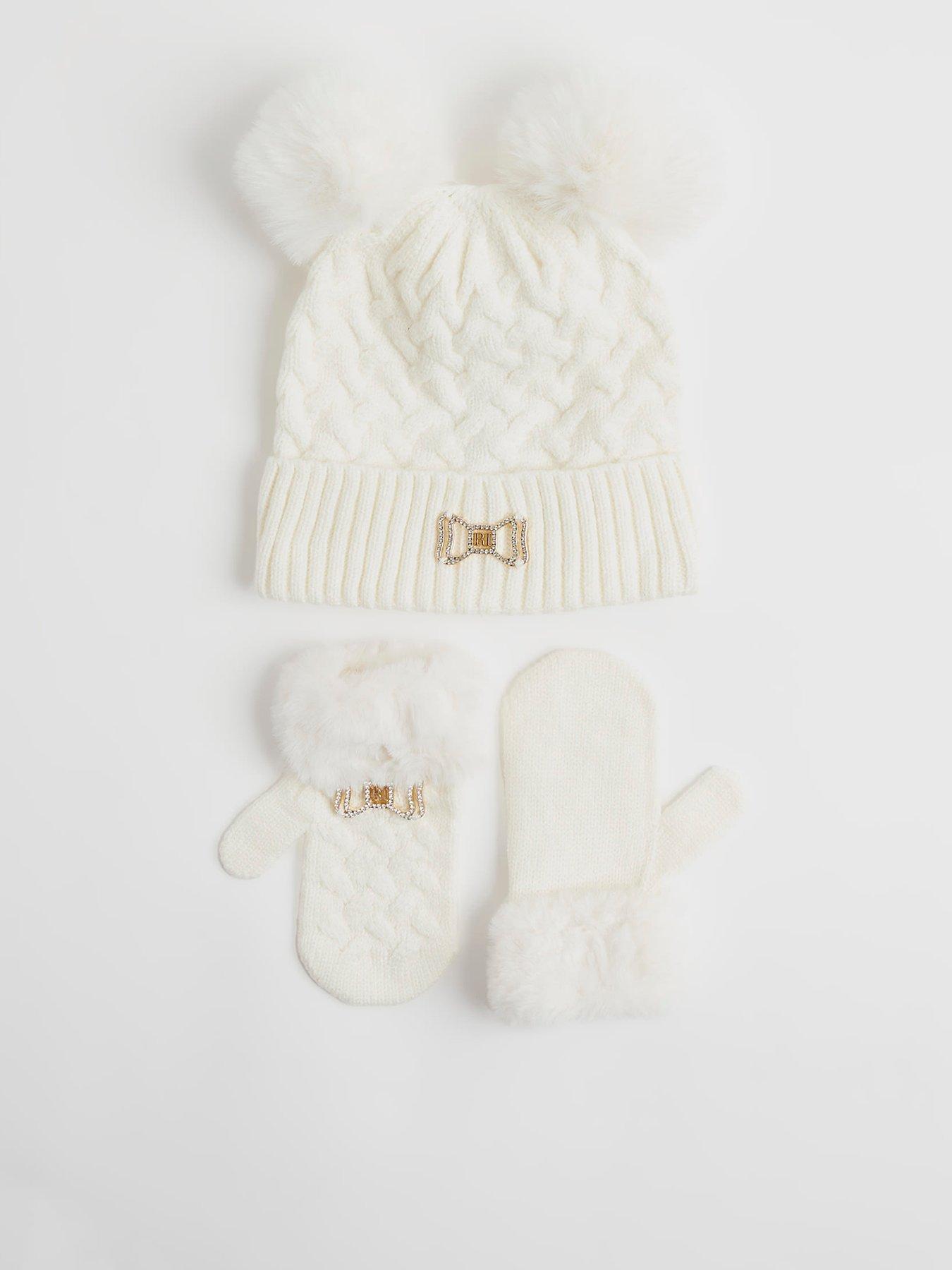 River Island Mini Girls Bow Beanie And Mittens Set - Cream