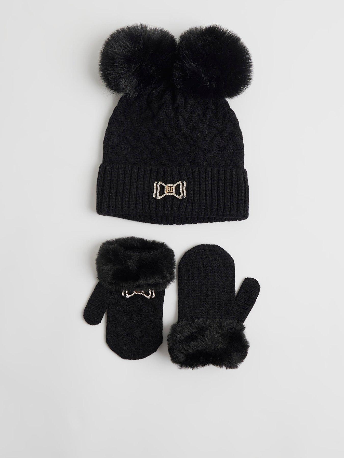River Island Mini Girls Bow Beanie And Mittens Set - Black