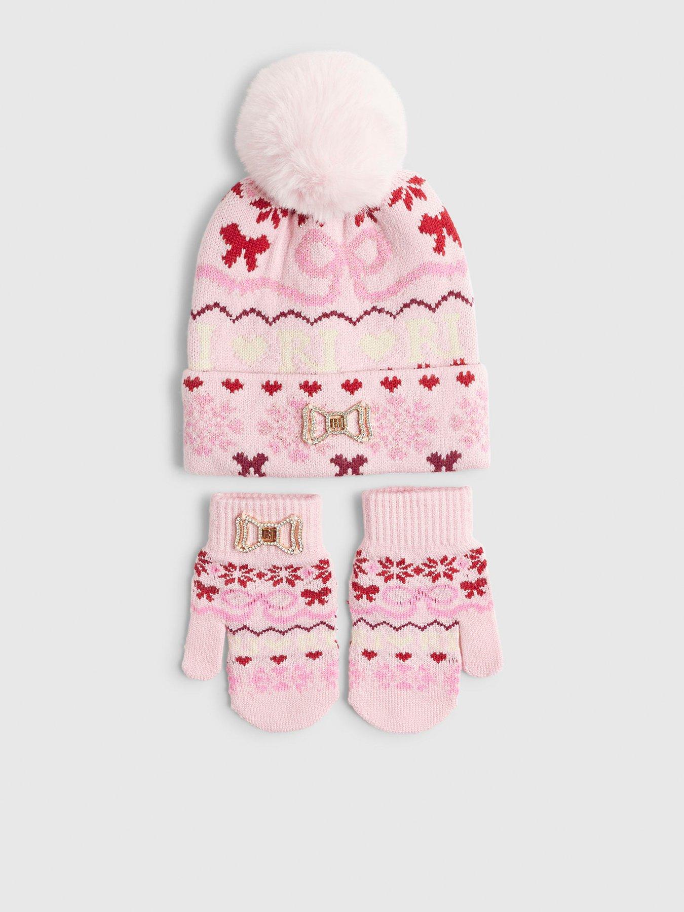 River Island Mini Girls Bow Fairisle Beanie Hat Set - Pink