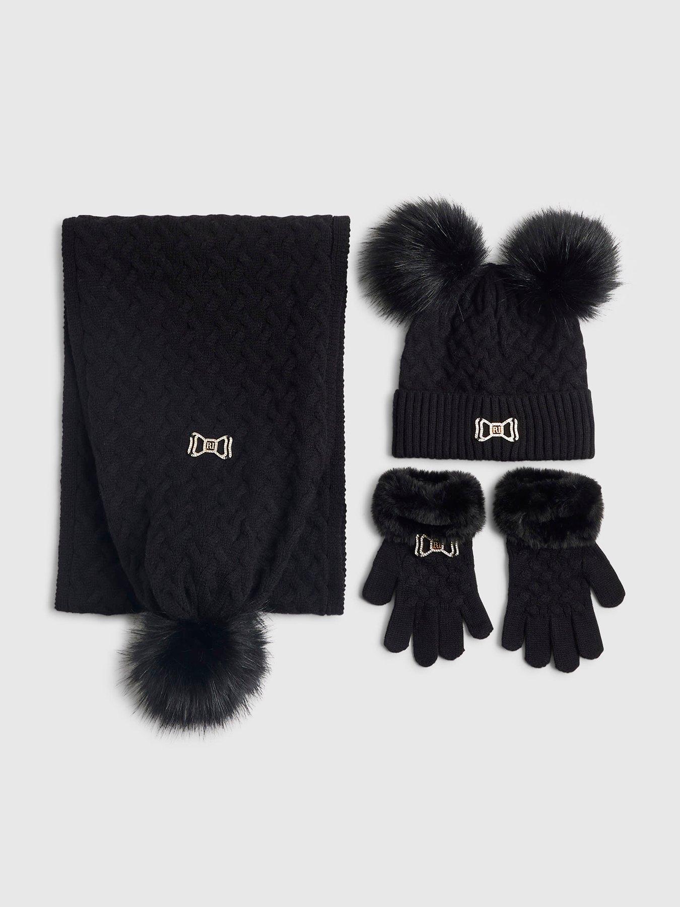 River Island Older Girls Bow Beanie And Mittens Set - Black